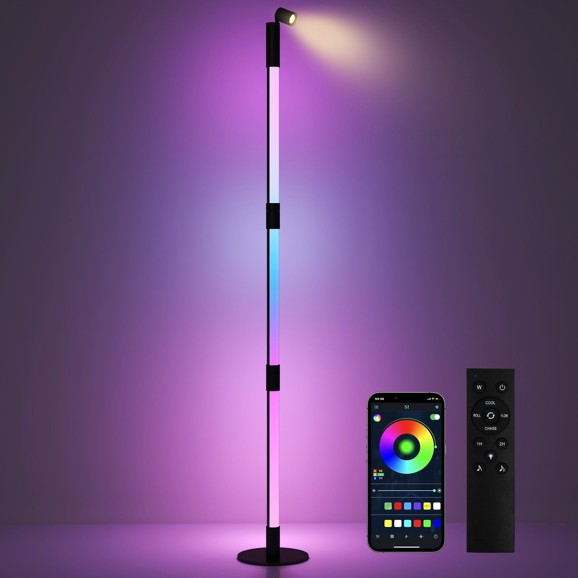 HOMCOM LED Floor Lamp with Reading Light, 360 RGB Detachable Corner Floor Lamp with App & Remote Control, Standing Lamp with Music Sync & Timing, for Living Room, Game Room, Dark Grey