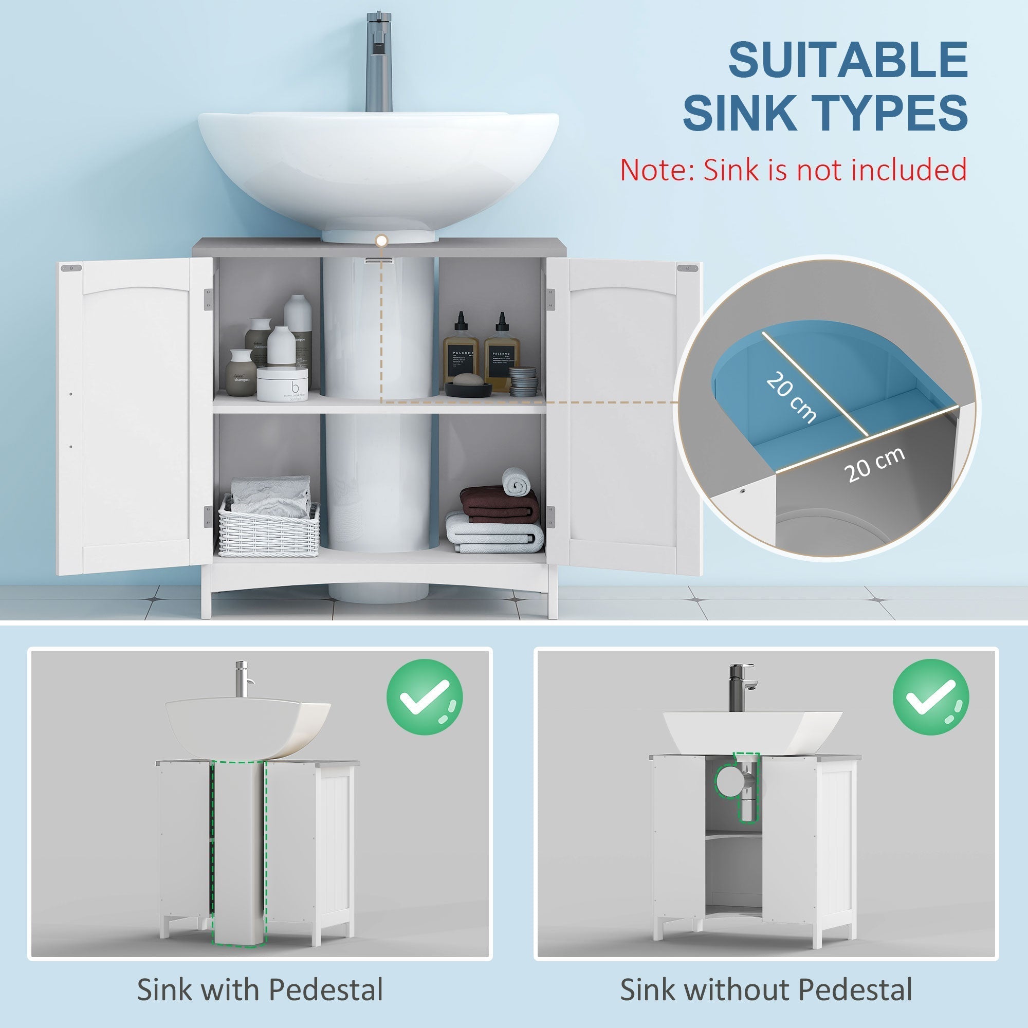 kleankin Pedestal Under Sink Cabinet with Double Doors, Modern Bathroom Vanity Unit, Storage Cupboard with Adjustable Shelves, White