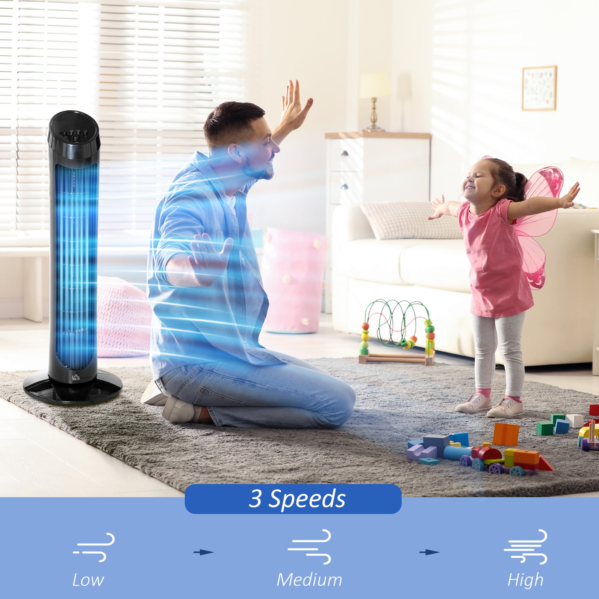 HOMCOM Tower Fan for Bedroom Cooling, 30 Inch Electric 70√Ç¬∞ Oscillating Fan with 3 Speed Settings, Standing Floor Fan for Home Office Indoor, Black