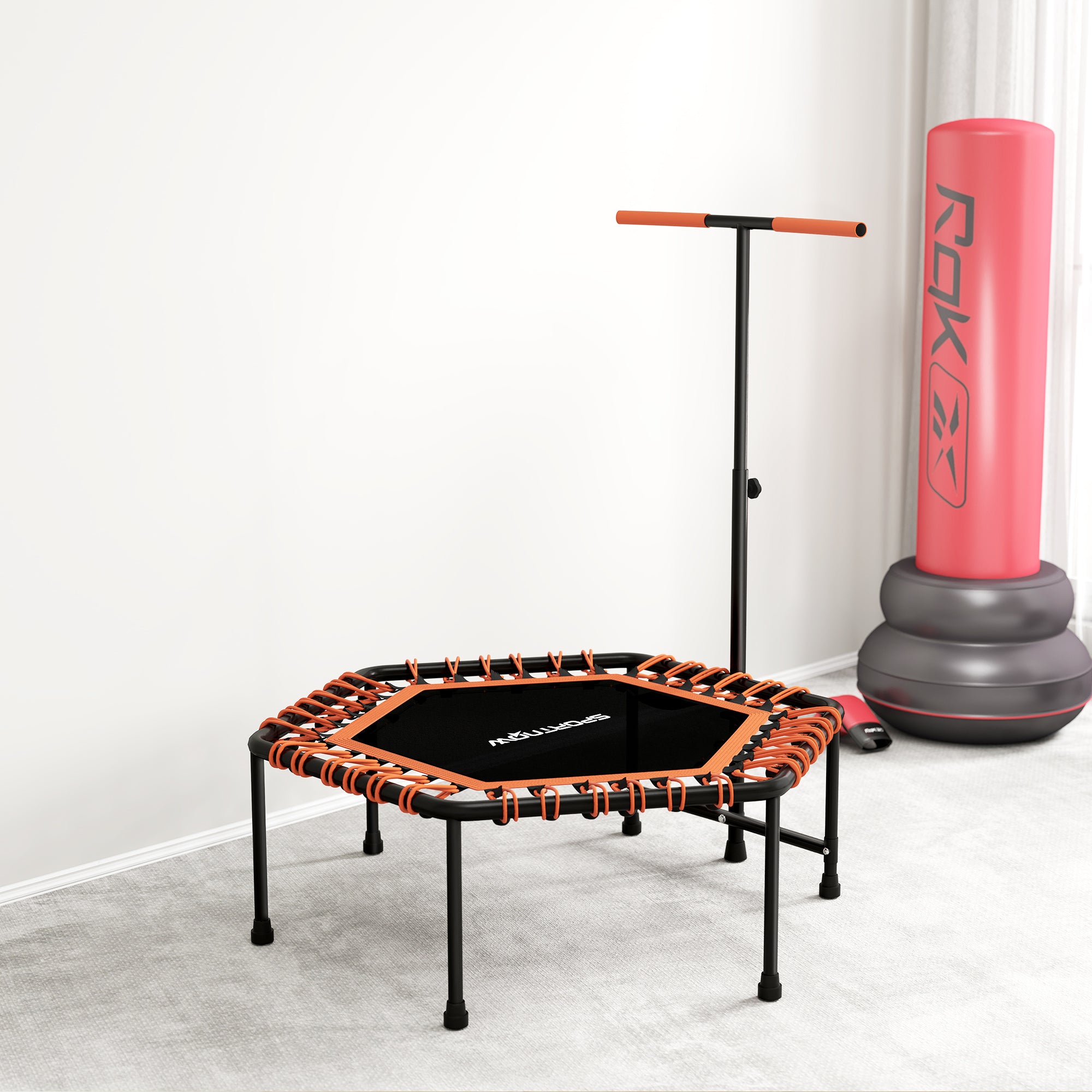 SPORTNOW 45" Rebounder Trampoline for Adults, Quiet Bungee Rebounder with LED Lights and Adjustable Handle, Orange