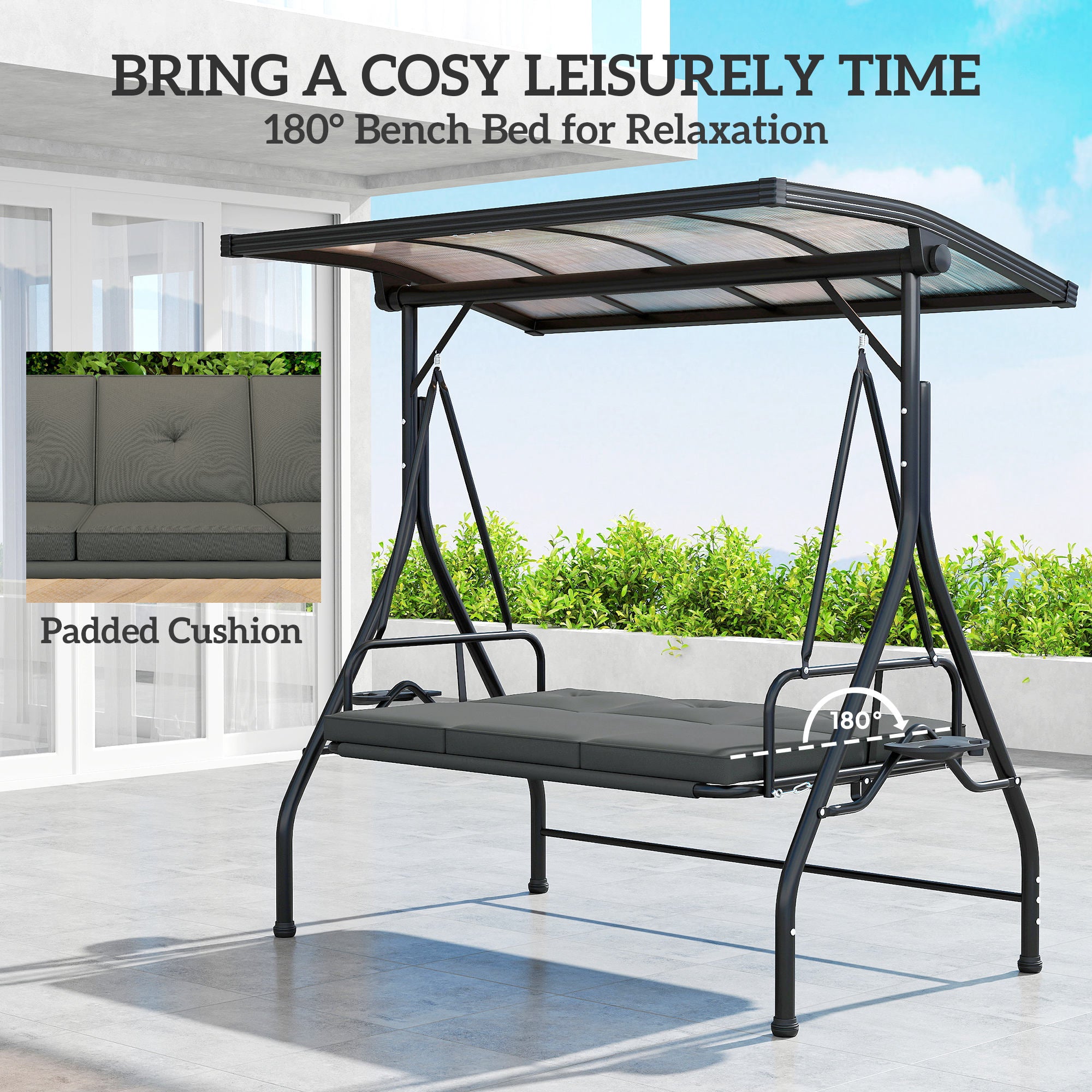 Outsunny Convertible Three-Seater Swing Bench Bed - Dark Grey