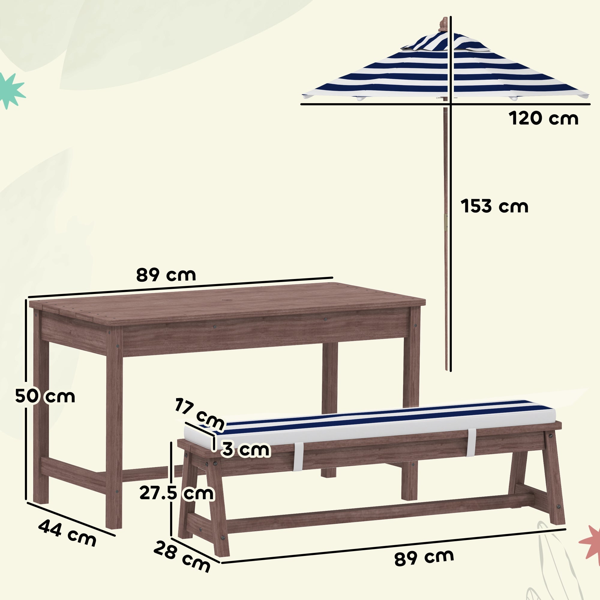 AIYAPLAY Outdoor Wooden Kids Picnic Table & Bench Set with Cushions and Umbrella, for Patio, Garden, Navy Blue