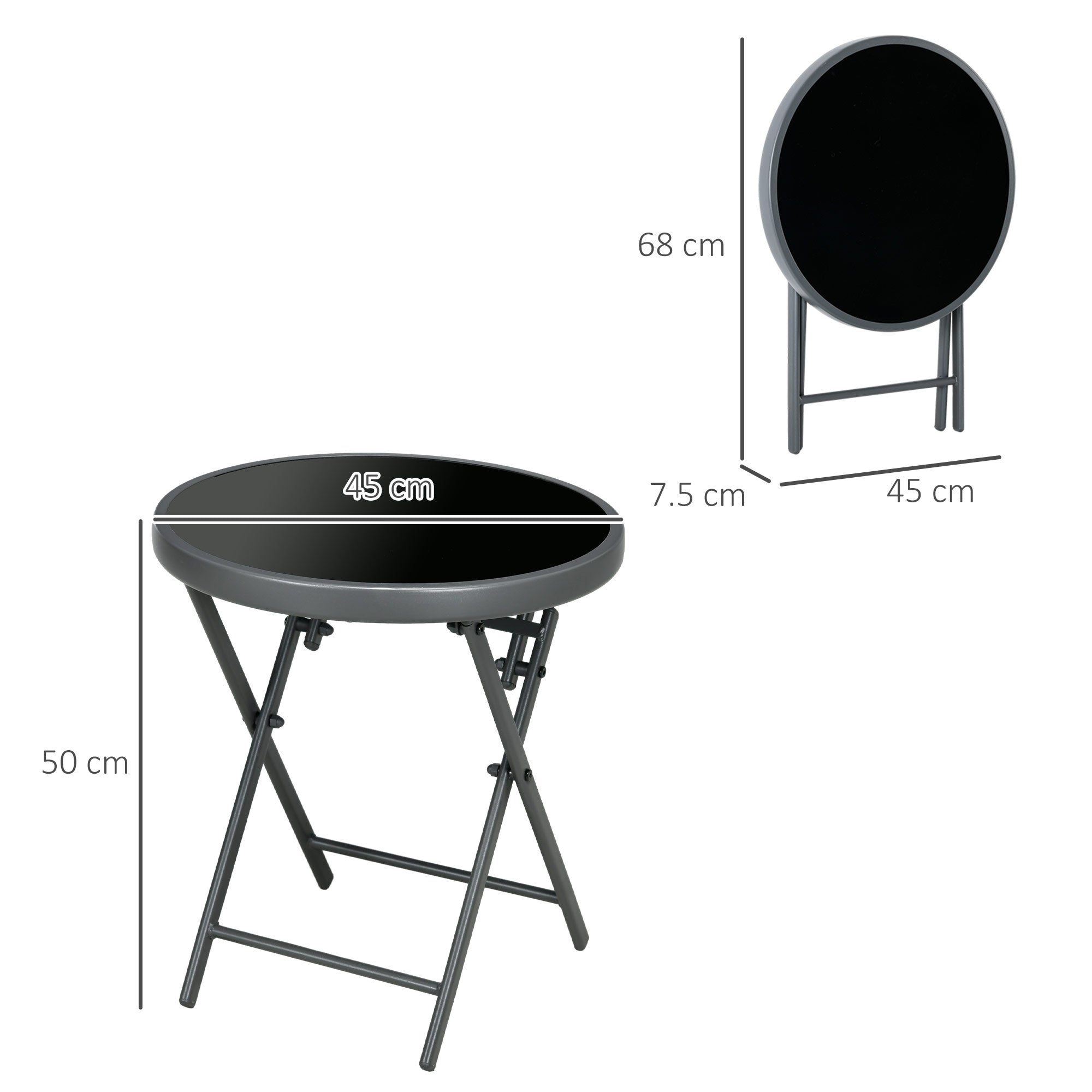 Outsunny a45cm Garden Side Table, Outdoor Round Folding Patio Table with Imitation Marble Glass Top, Small Coffee Table, Black