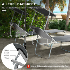 Outsunny Folding Sun Lounger Set of 2 with Canopy, Reclining Sunbed with 4-Position Adjustable Backrest, 600D Oxford Cloth, Portable Garden Lounger Recliner Chair for Beach, Camping, Patio, Grey