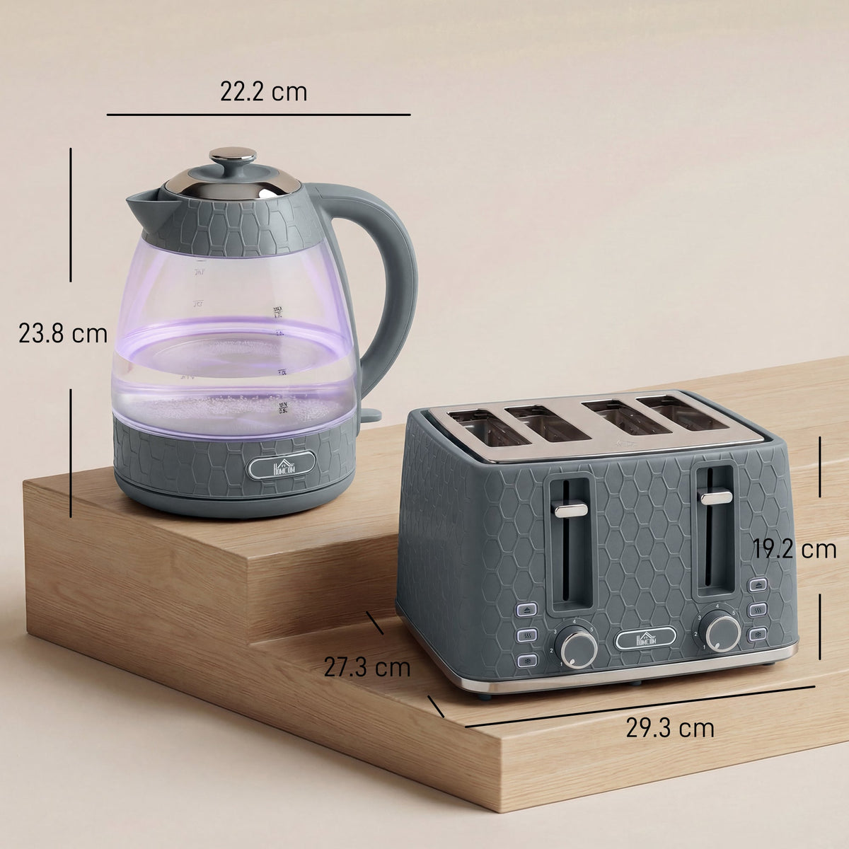HOMCOM Kettle and Toaster Set, 1.7L 3000W Rapid Kettle with Strix Thermostat, 4 Slice Toaster with 7 Browning Controls, Grey