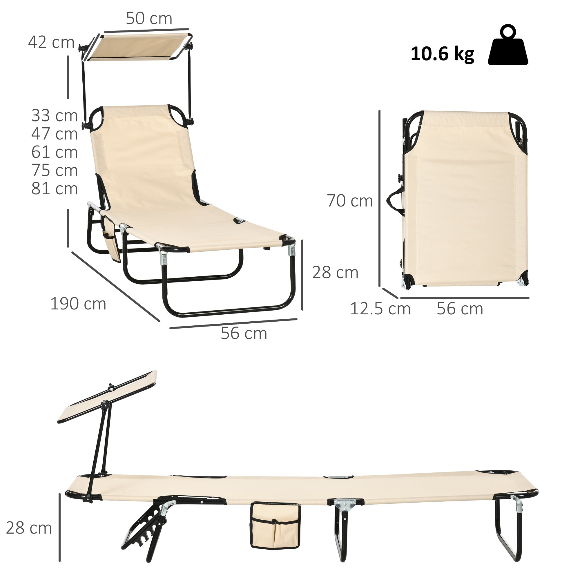 Outsunny 2 Piece Folding Sun Loungers with Canopy, Adjustable Recliner Garden Chairs with Side Pocket, Steel Frame and Breathable Mesh for Outdoor, Pool, Beach, Garden, Tan Brown