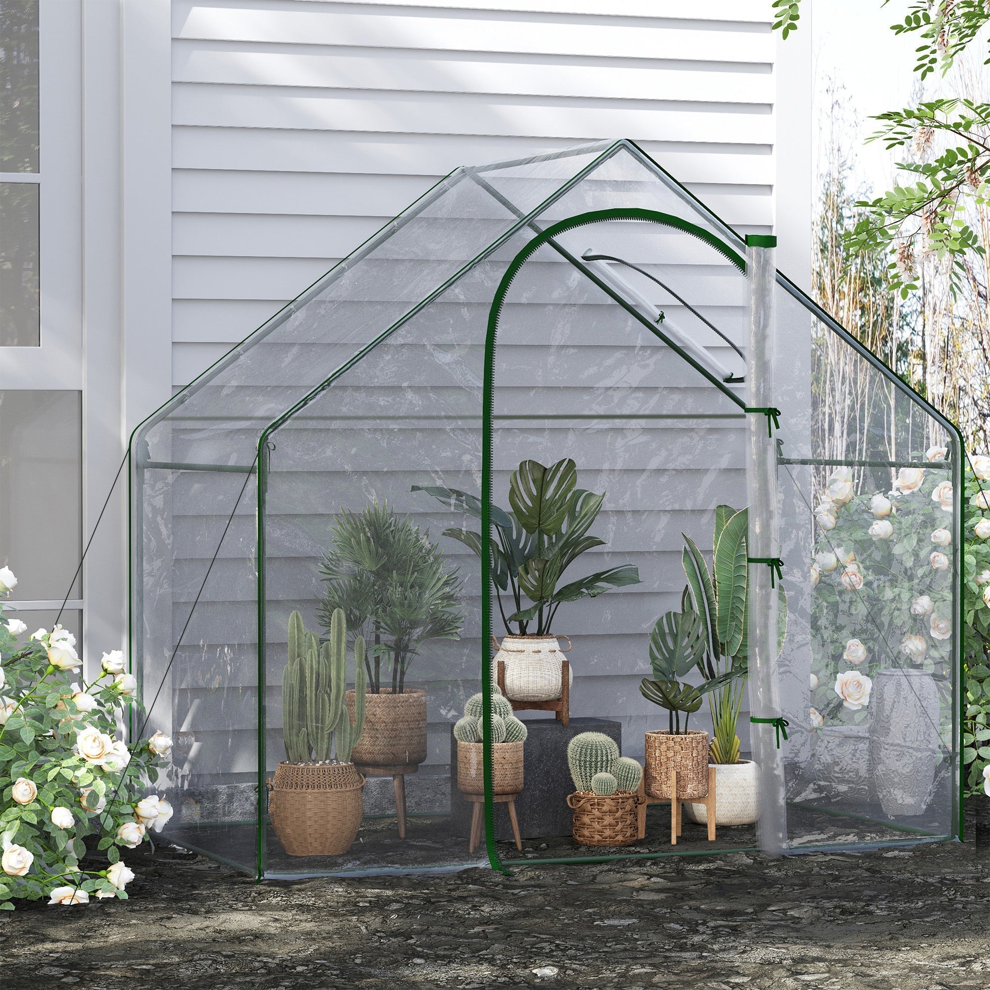 Outsunny Walk In Tomato Greenhouse Garden Outdoor Mini Greenhouse Flower Planter Steel Frame with Zipped Door & Window, PVC Cover, 180 x 100 x 168CM, Clear