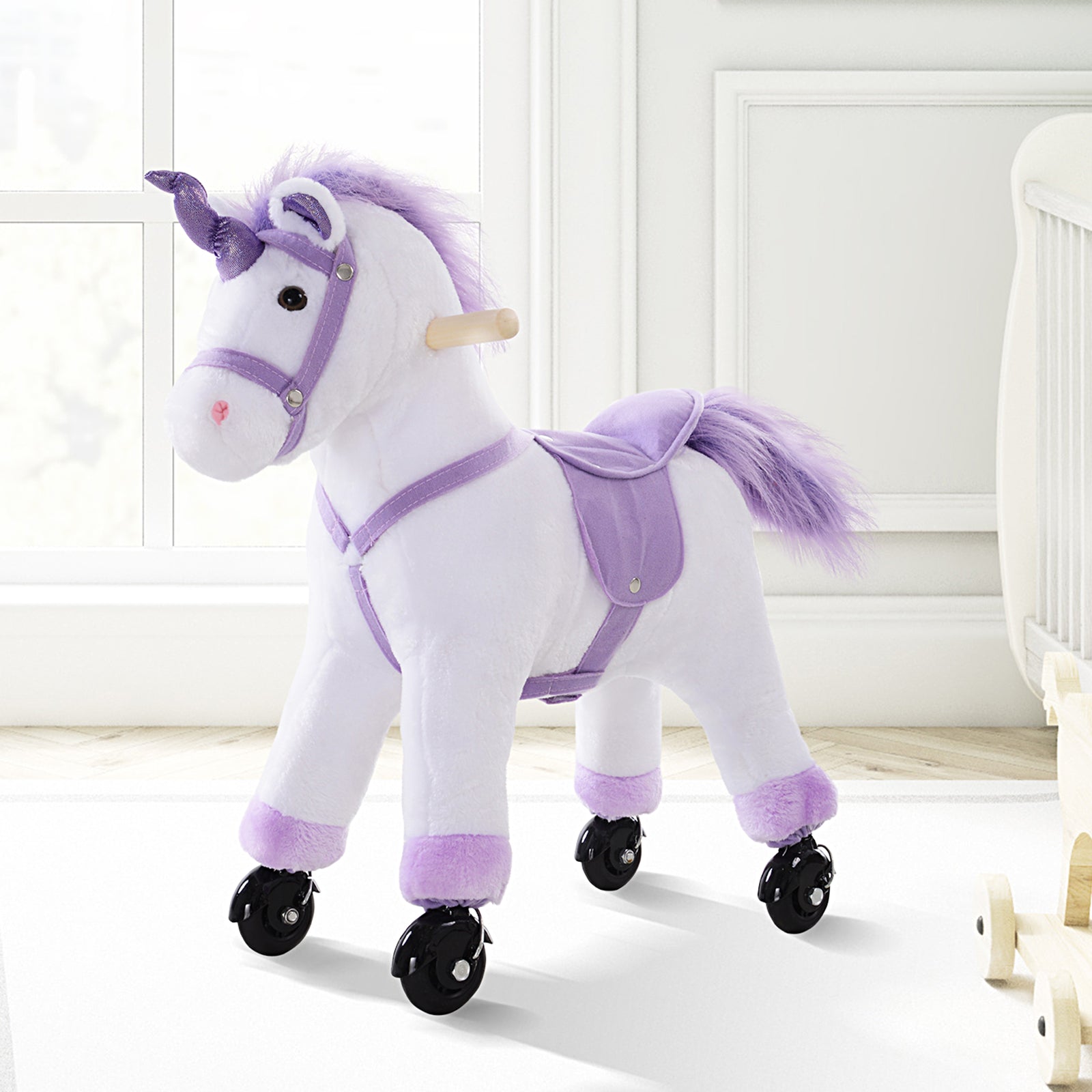HOMCOM Kids Ride-On Rocking Unicorn, with Realistic Sounds, Handlebars, Purple/White
