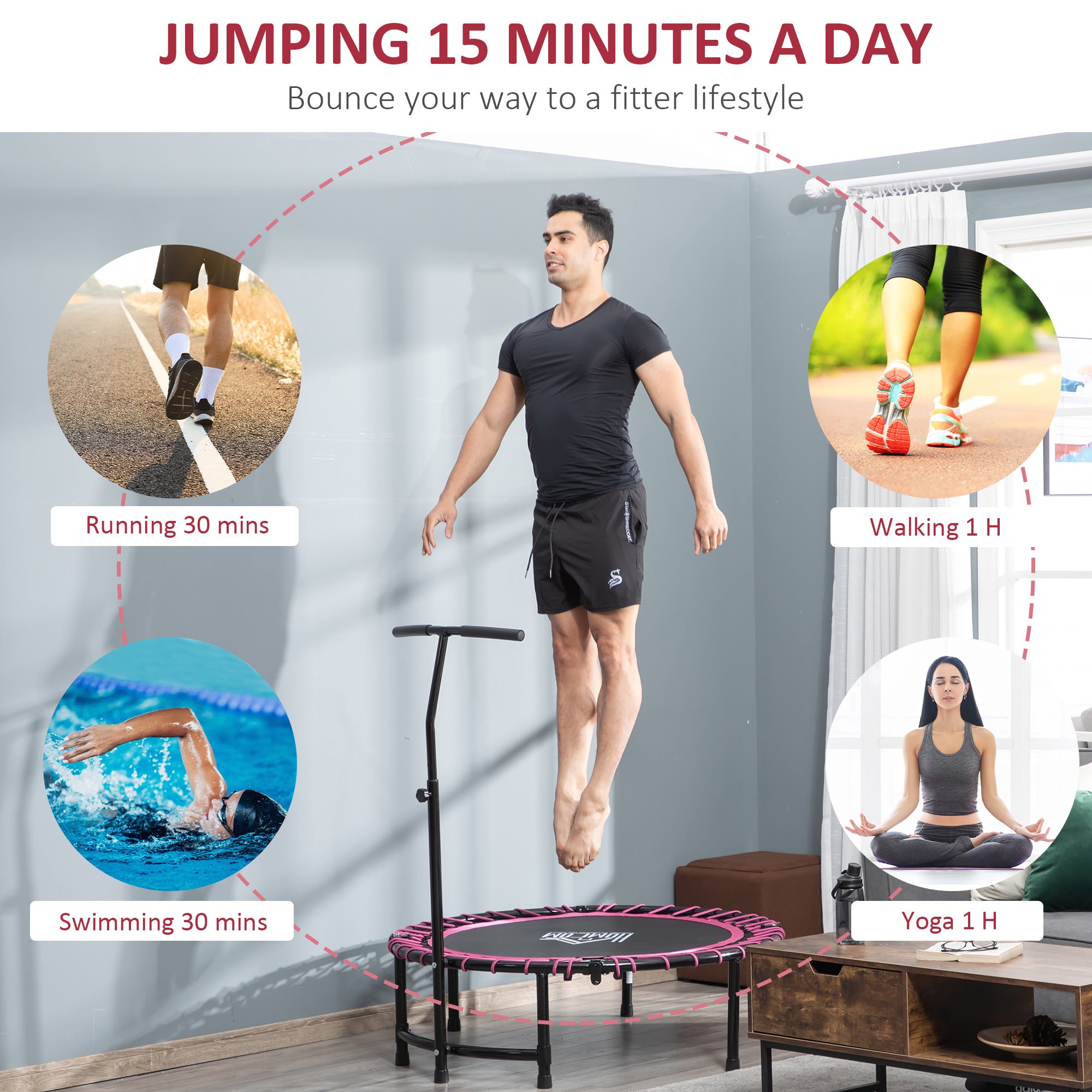 HOMCOM Mini Round Steel Frame Trampoline w/ Adjustable Handle, Pink