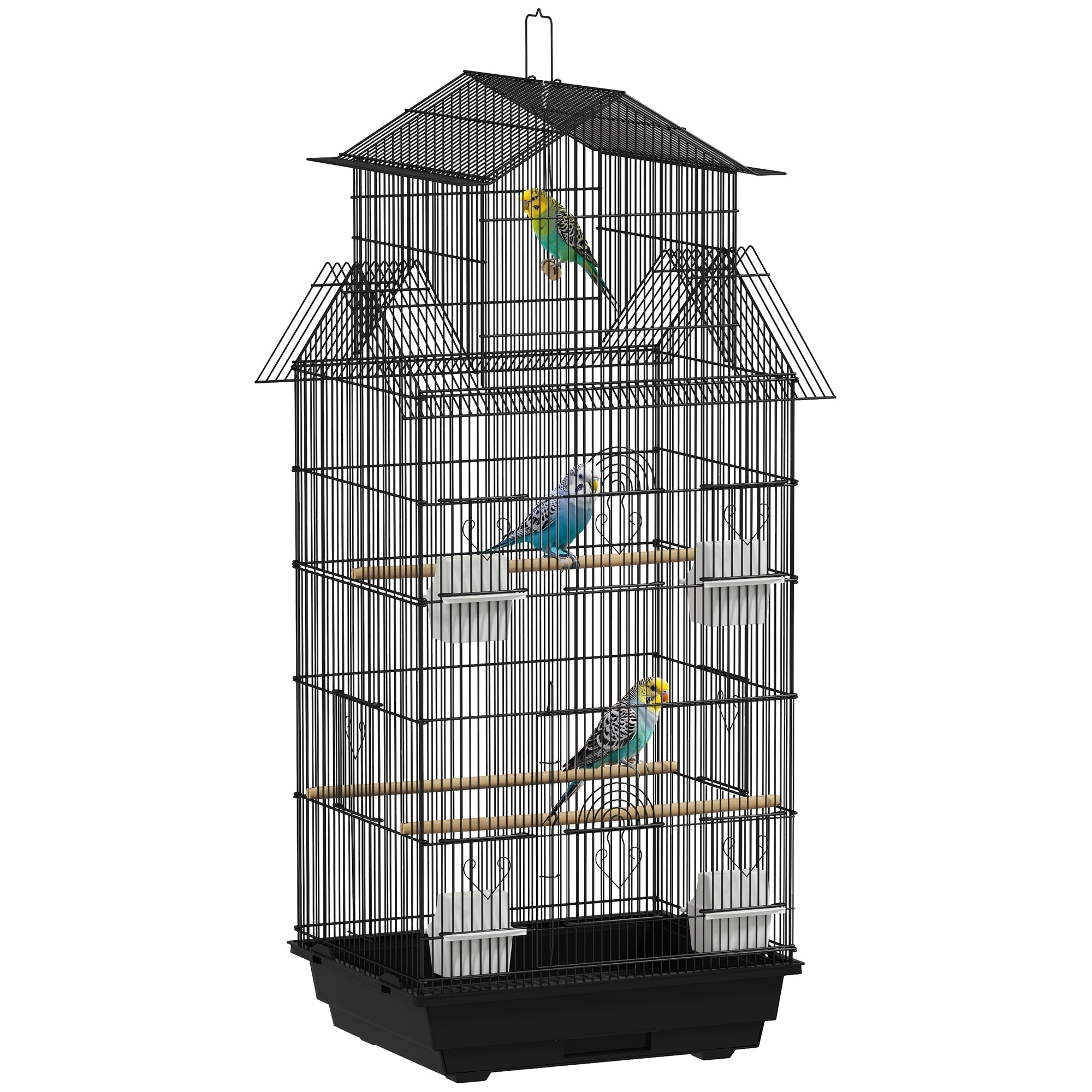 PawHut Metal Bird Cage with Plastic Swing, Perch, Food Container, Tray, Handle, for Finches, Canaries, 43 x 32.5 x 104cm