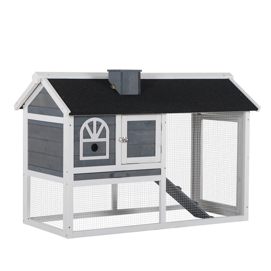 PawHut Wooden Rabbit Hutch and Run with Sliding Tray, Ramp, Water-resistant Roof, for 2-4 Rabbits, Grey
