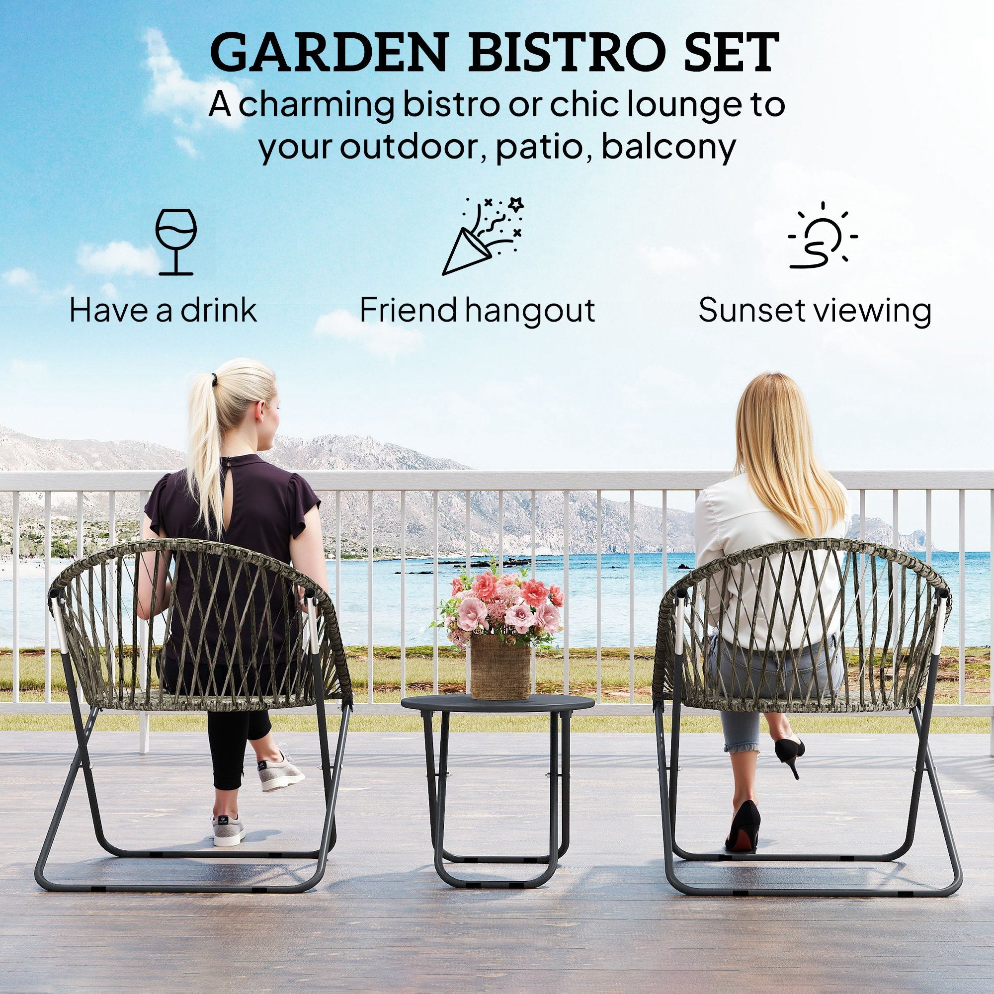 Outsunny Patio Bistro Set, Folding Patio Furniture Set with 2 Chairs and Table, Grey