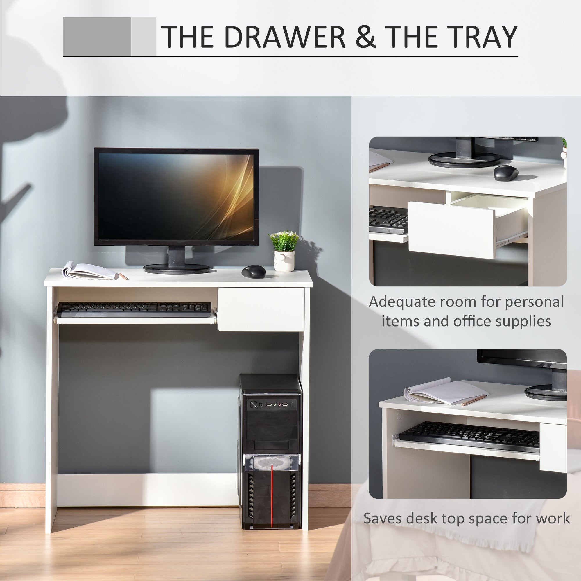 Vinsetto Home Office Chair and Computer Desk Set, Mesh Chair with with 90√Ç¬∞ Flip-up Armrest, Study Desk with Keyboard Tray and Drawer, White and Grey