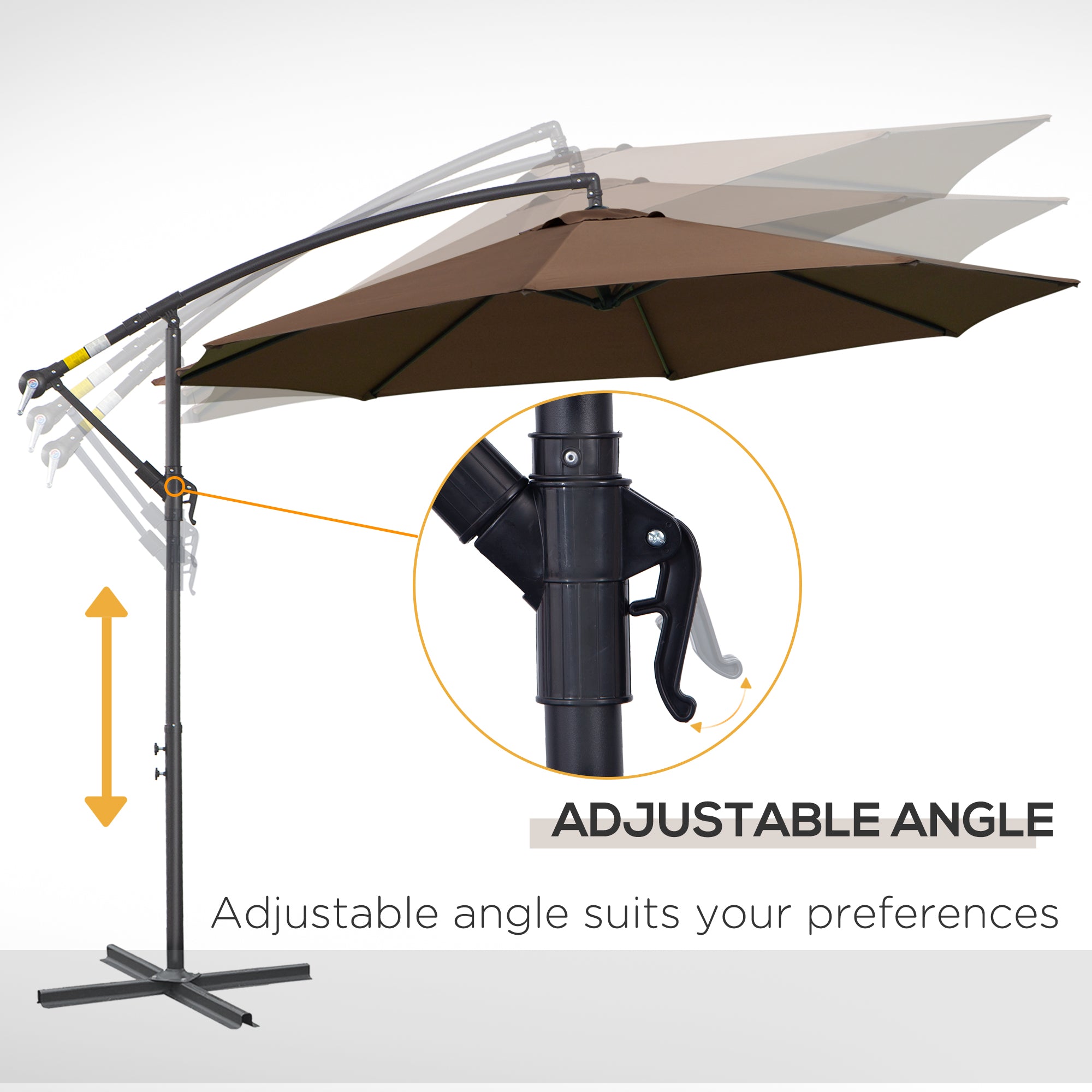 Outsunny 2.45m Overhanging Cantilever Parasol, Heavy Duty Waterproof Garden Umbrella with Cross Base, Brown