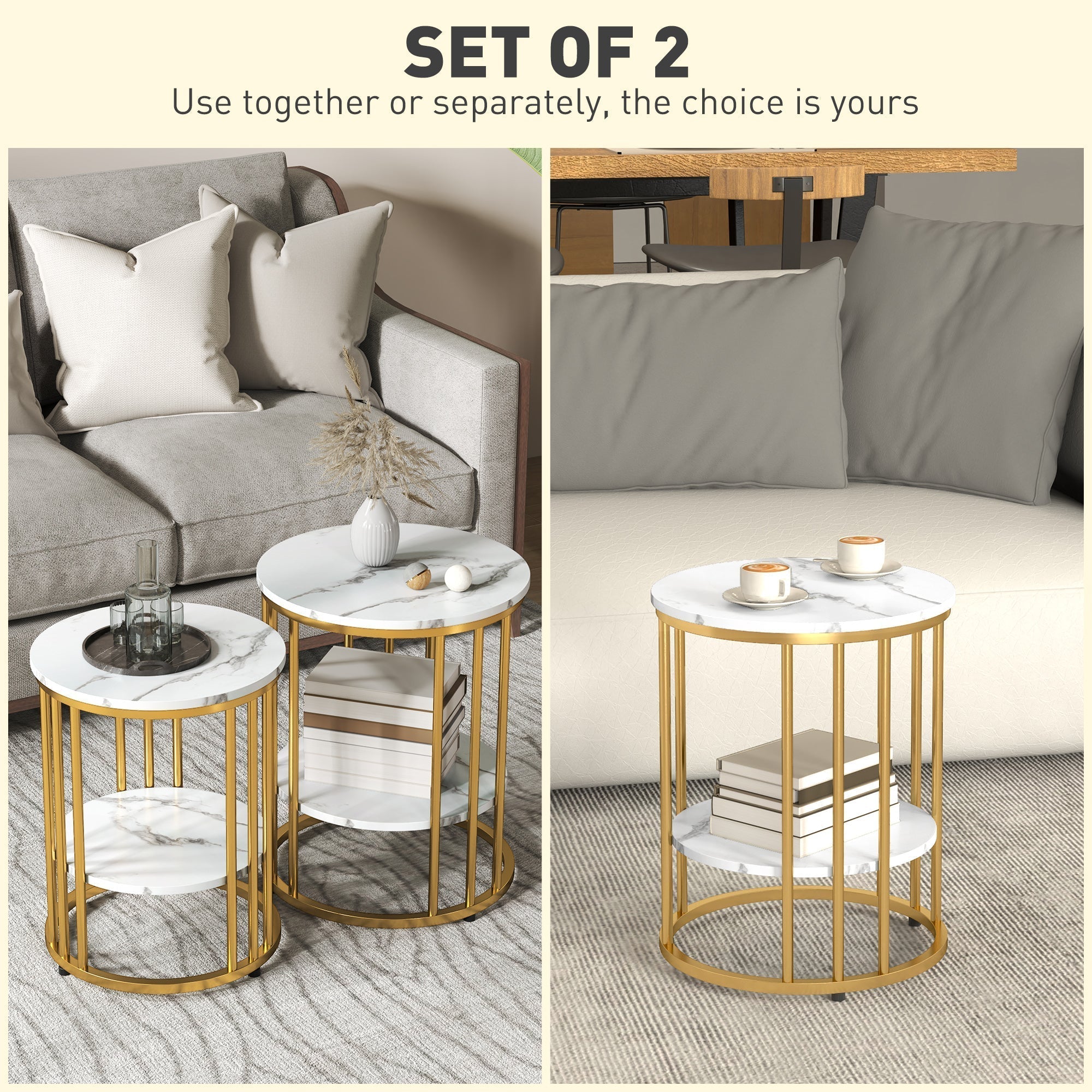 HOMCOM Set of Two Marble-Effect Coffee Tables - White/Gold-Tone