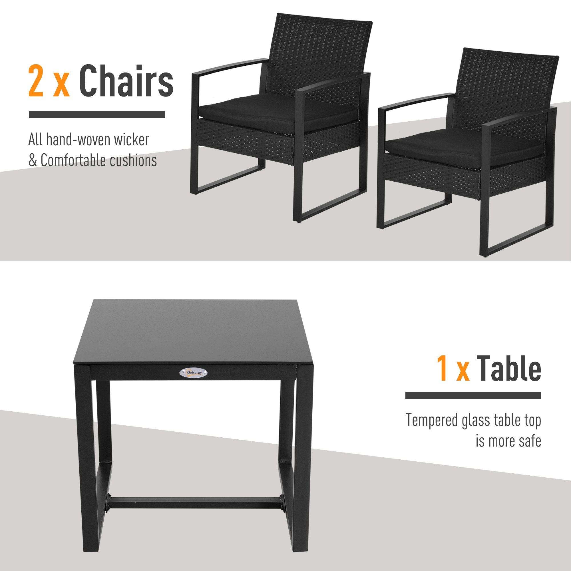 Outsunny 2 Seater Rattan Coffee Set-Black