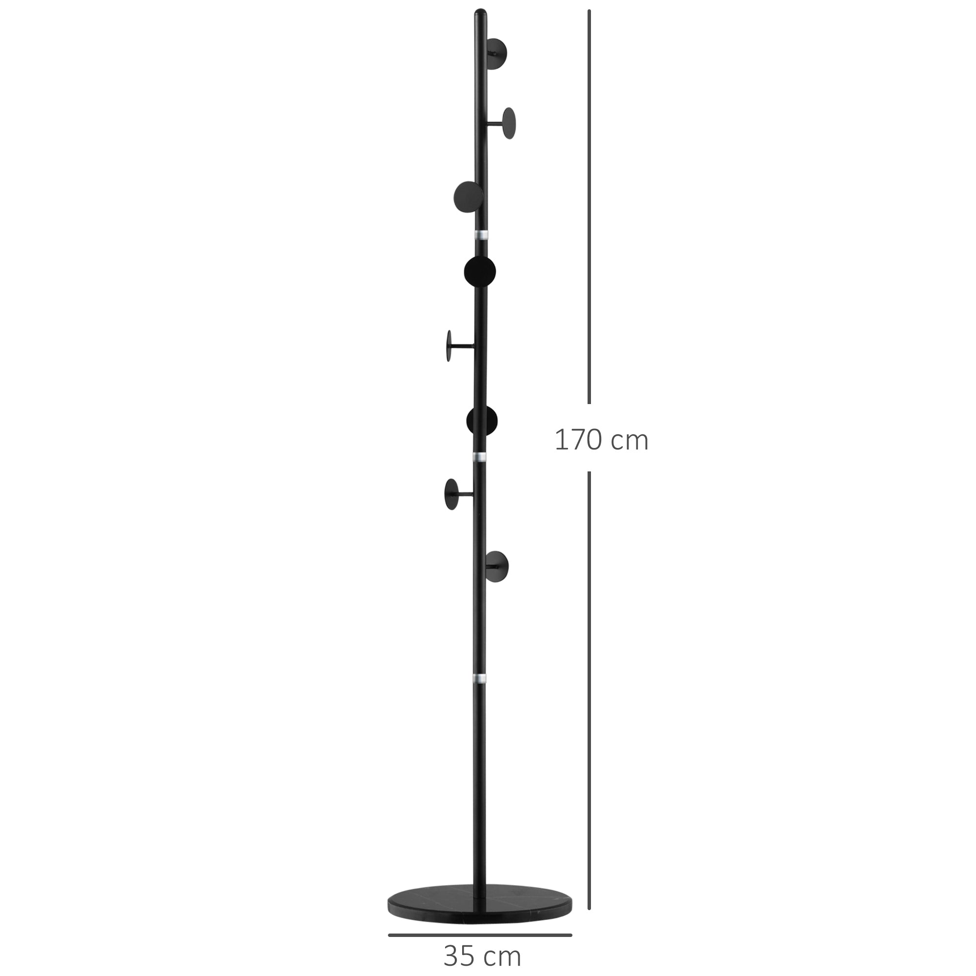 HOMCOM Coat Rack Free Standing Hall Tree with 8 Round Disc Hooks for Clothes, Hats,Purses, Steel Entryway Coat Stand with Marble Base for Entryway, Living Room, Bedroom, Black