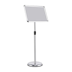 A3 Adjustable Poster Stand with a silver frame and a circular base on a white background