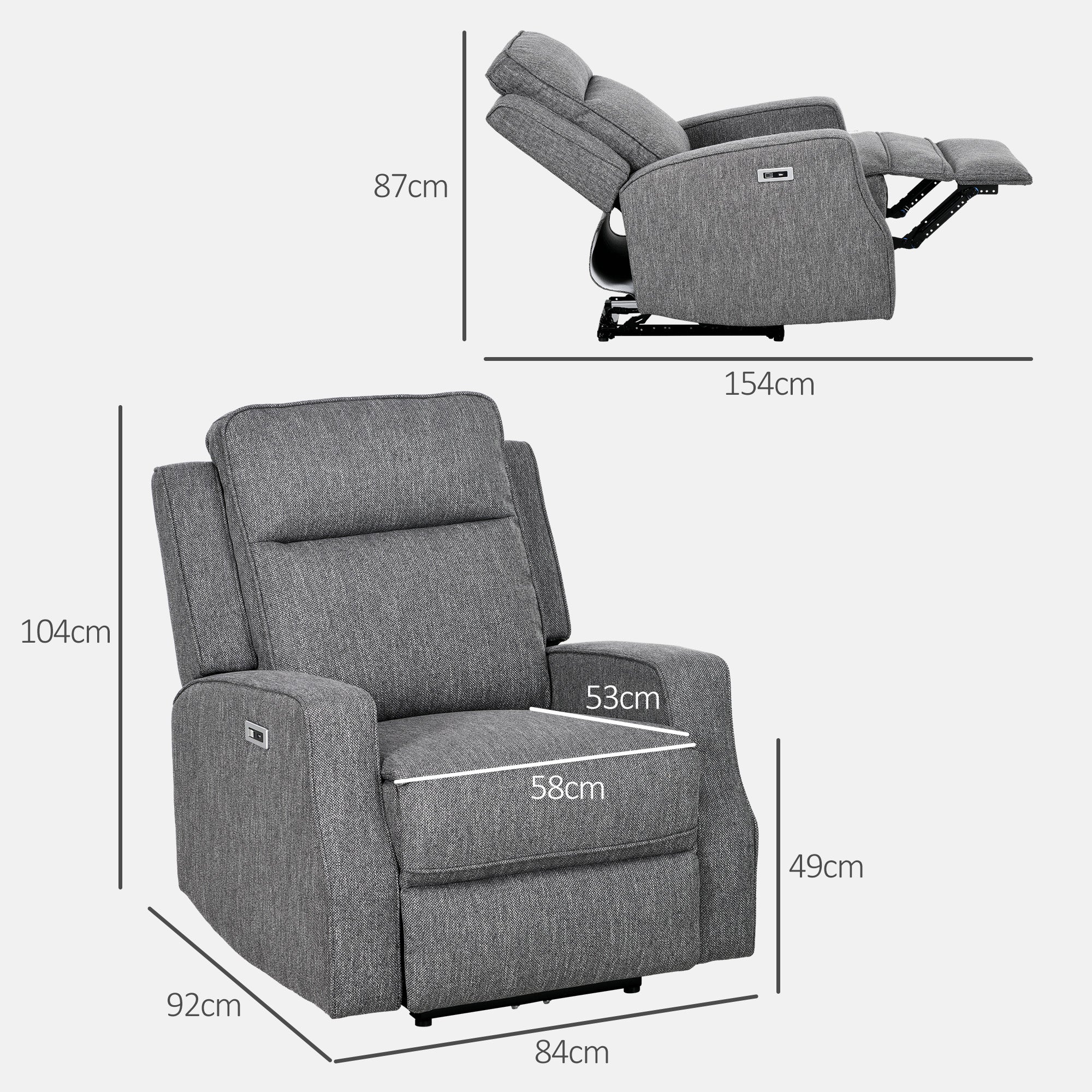 HOMCOM 150  Electric Reclining Chair, with USB port and Footrest - Charcoal Grey