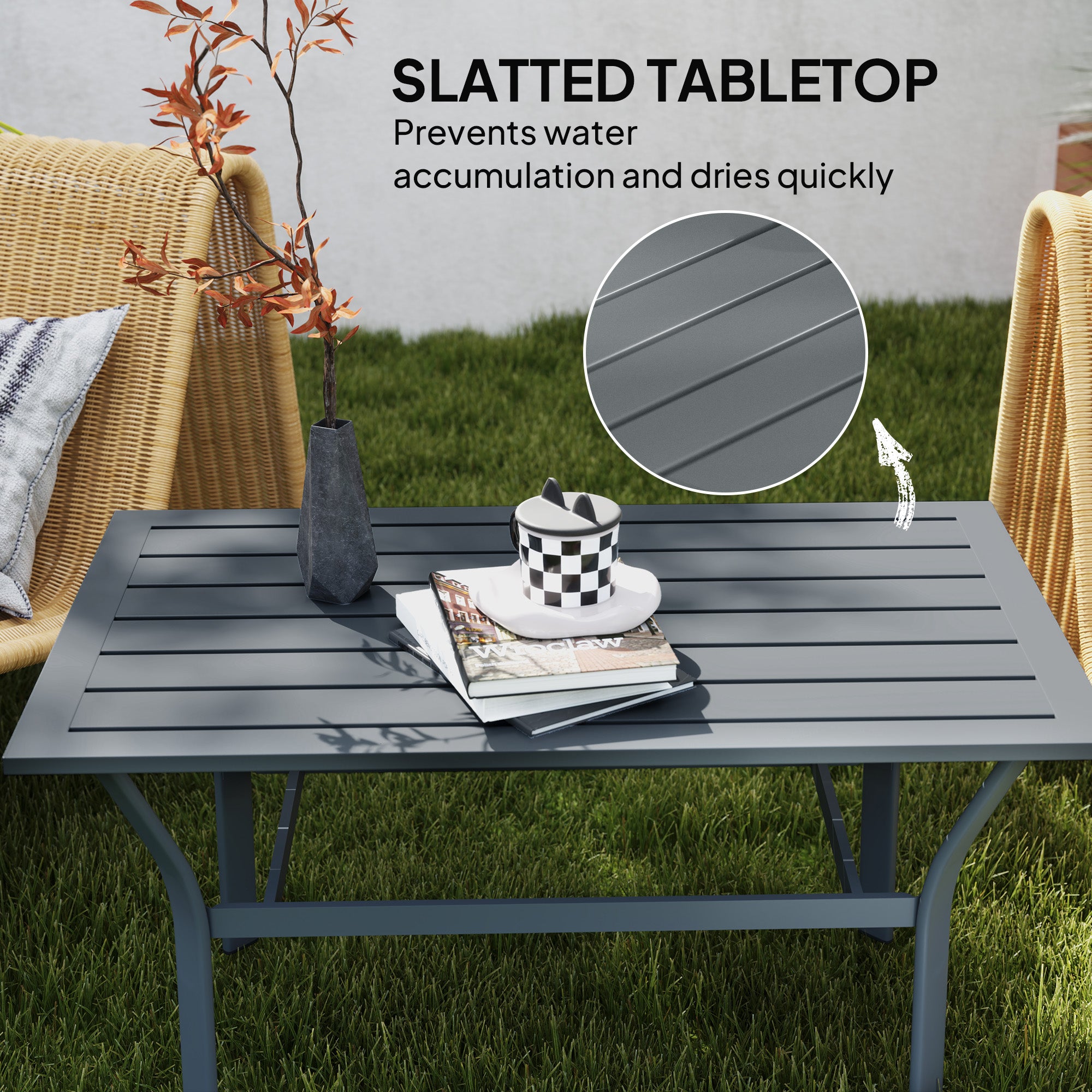 Outsunny Metal Garden Coffee Table, Rectangular Outdoor Side Table with Slatted Tabletop, Foot Pads for Outside, Garden, Balcony, Porch, 91.5 x 55 x 45cm, Dark Grey