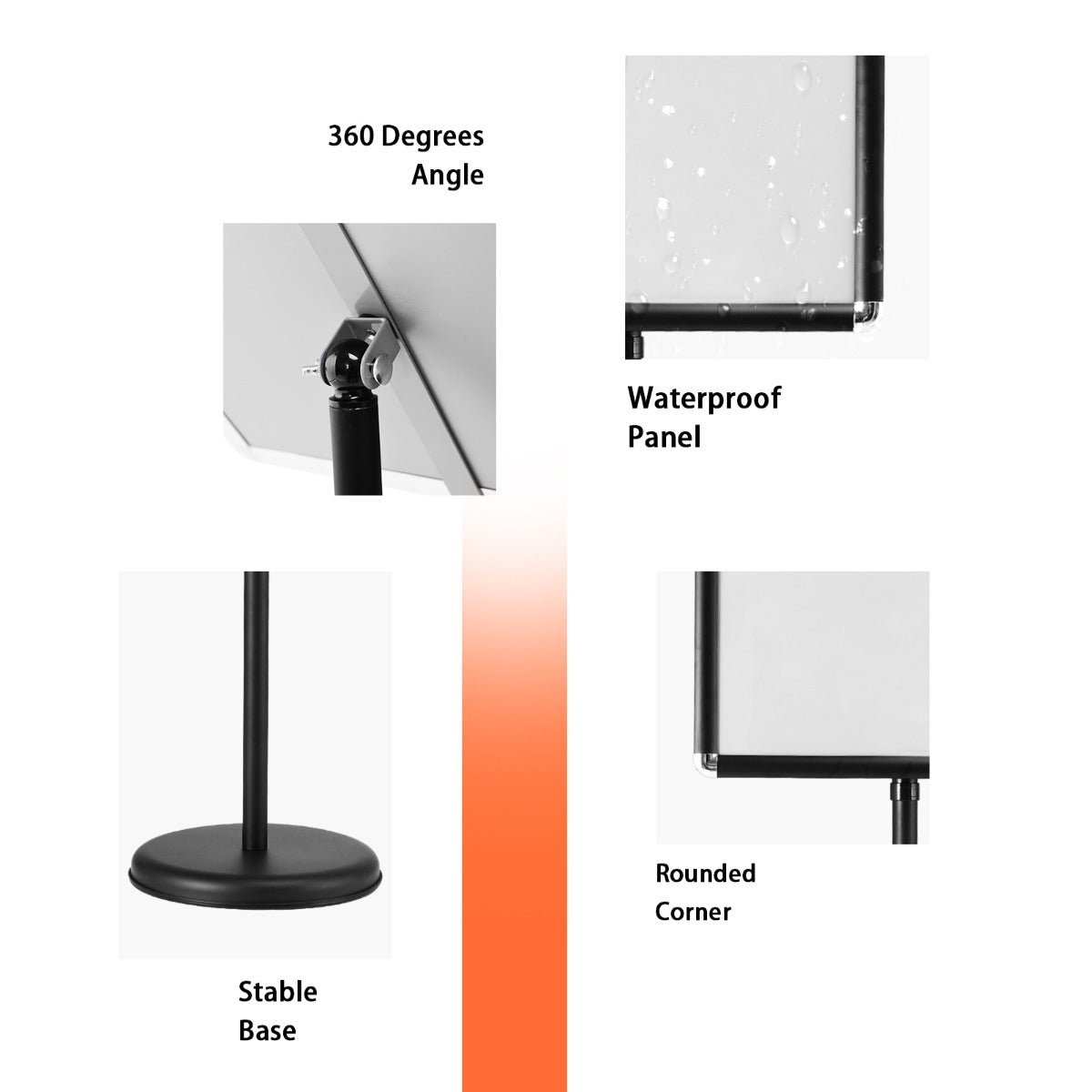 The presentation supplies stand showing close-ups of the base, corner and joint