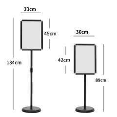 The presentation supplies stand shown at two different heights with dimensions