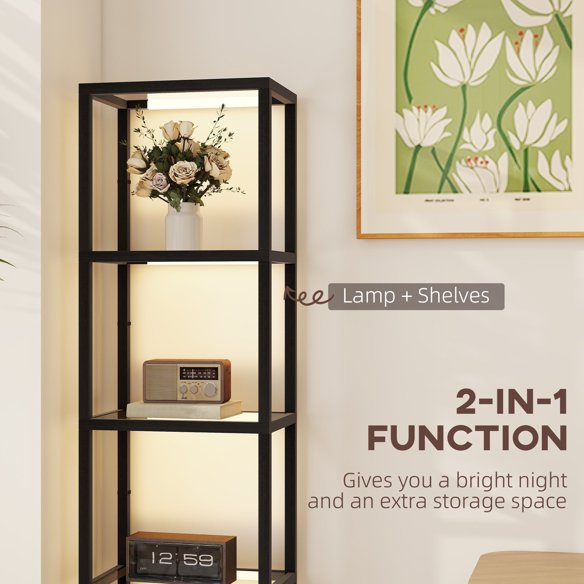HOMCOM LED Floor Lamp with Glass Shelves, 4 Layers Dimmable Tall Standing Lamp, Modern Column Shelf Floor Light for Living Room, Bedroom, Office, Black