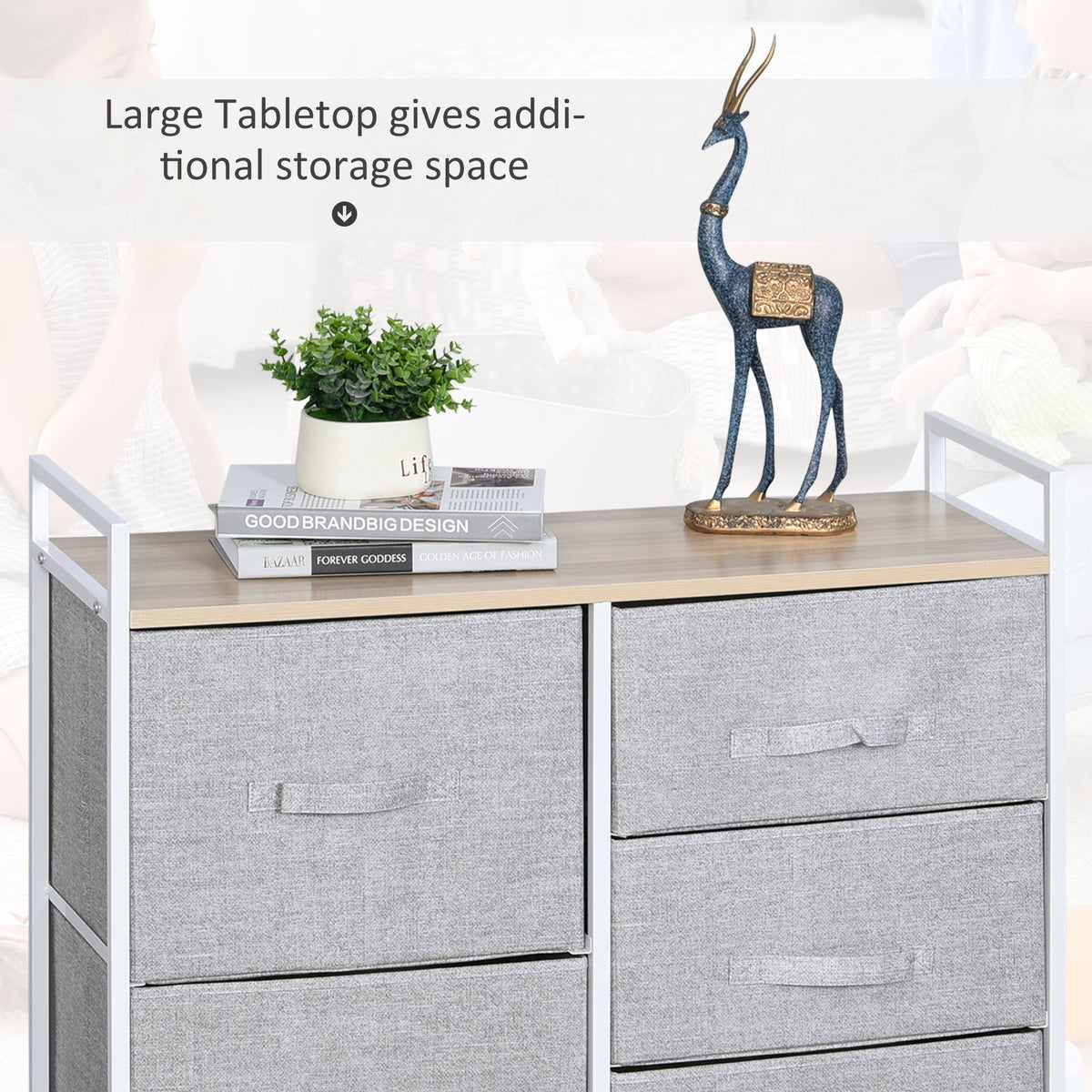 HOMCOM 5 Drawer Linen Basket Storage Unit Home Organisation w/ Shelf Handles Metal Frame Adjustable Feet Hallway Home Dresser Grey
