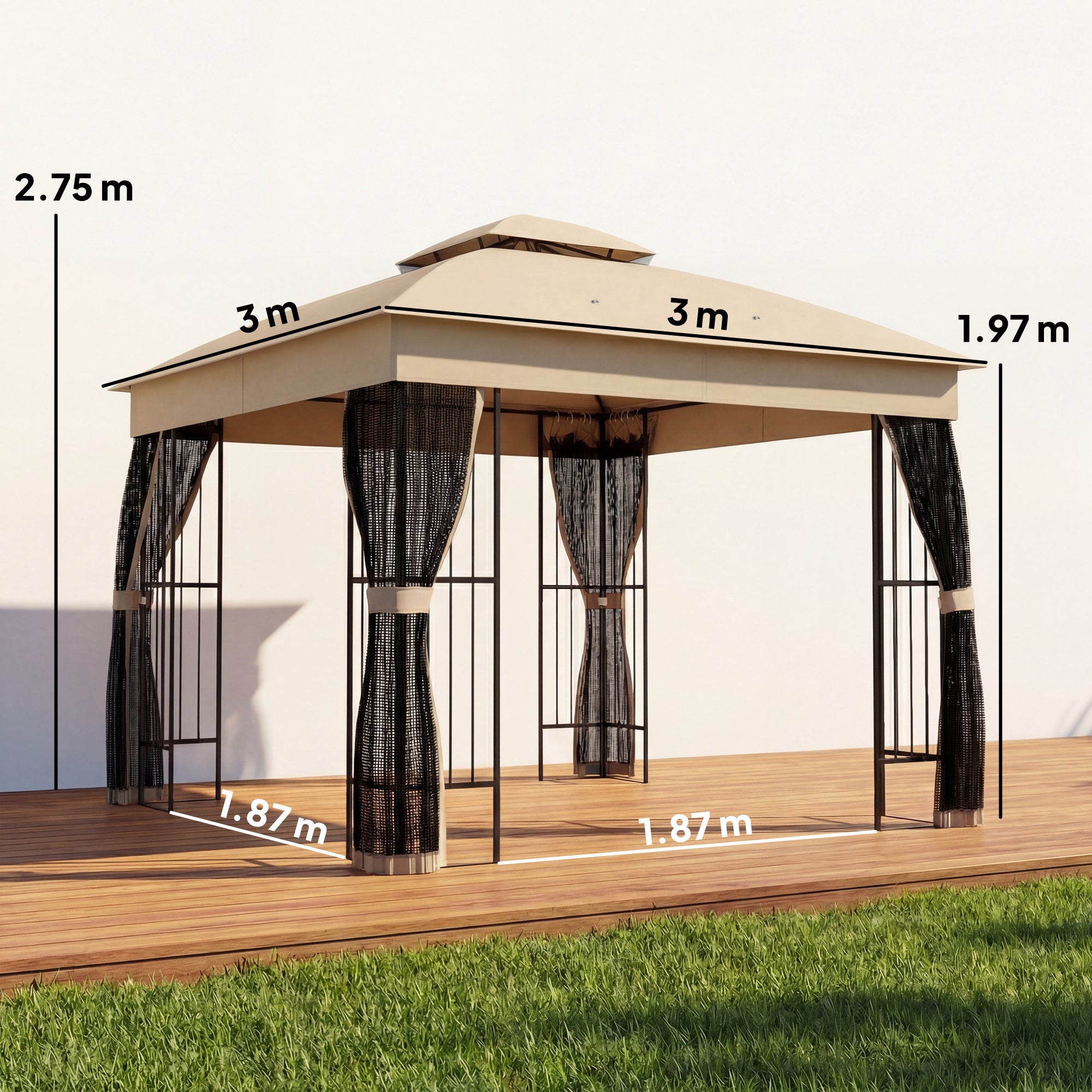 Outsunny 3 x 3 m Outdoor Garden Gazebo with Post Shelves, UPF50+ DoubleÂ Roof Patio Permanent Pavilion, Brown