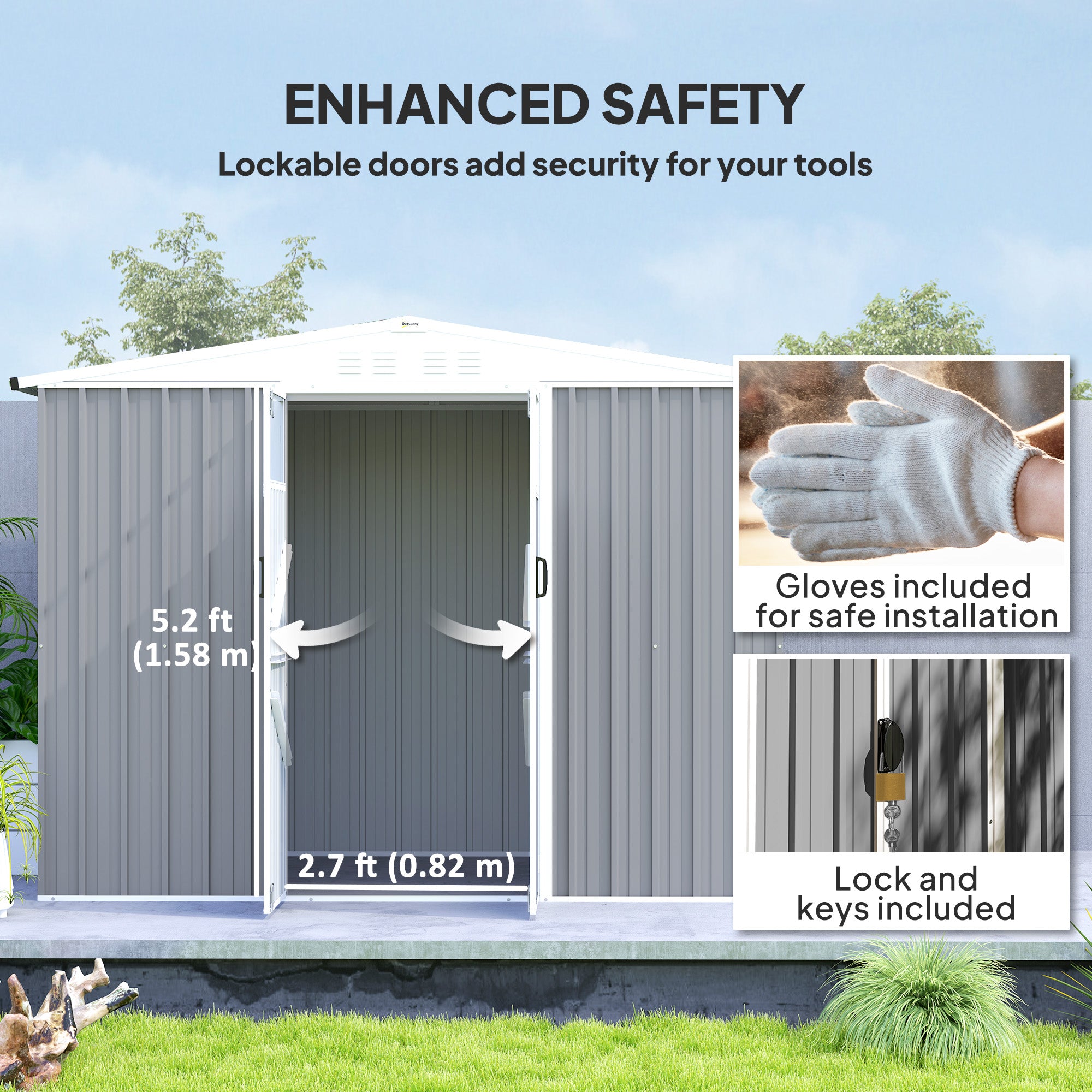 Outsunny 8 x 4 ft Metal Garden Shed, Garden Storage Shed with Window, 4 Vents and Lockable Door, Waterproof Galvanised Steel Tool Storage Shed, Light Grey