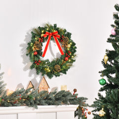 HOMCOM 60cm Pre-Lit Artificial Christmas Door Wreath Holly LED Decor Pine Cones Hanging Glittered Festival Indoor Decoration