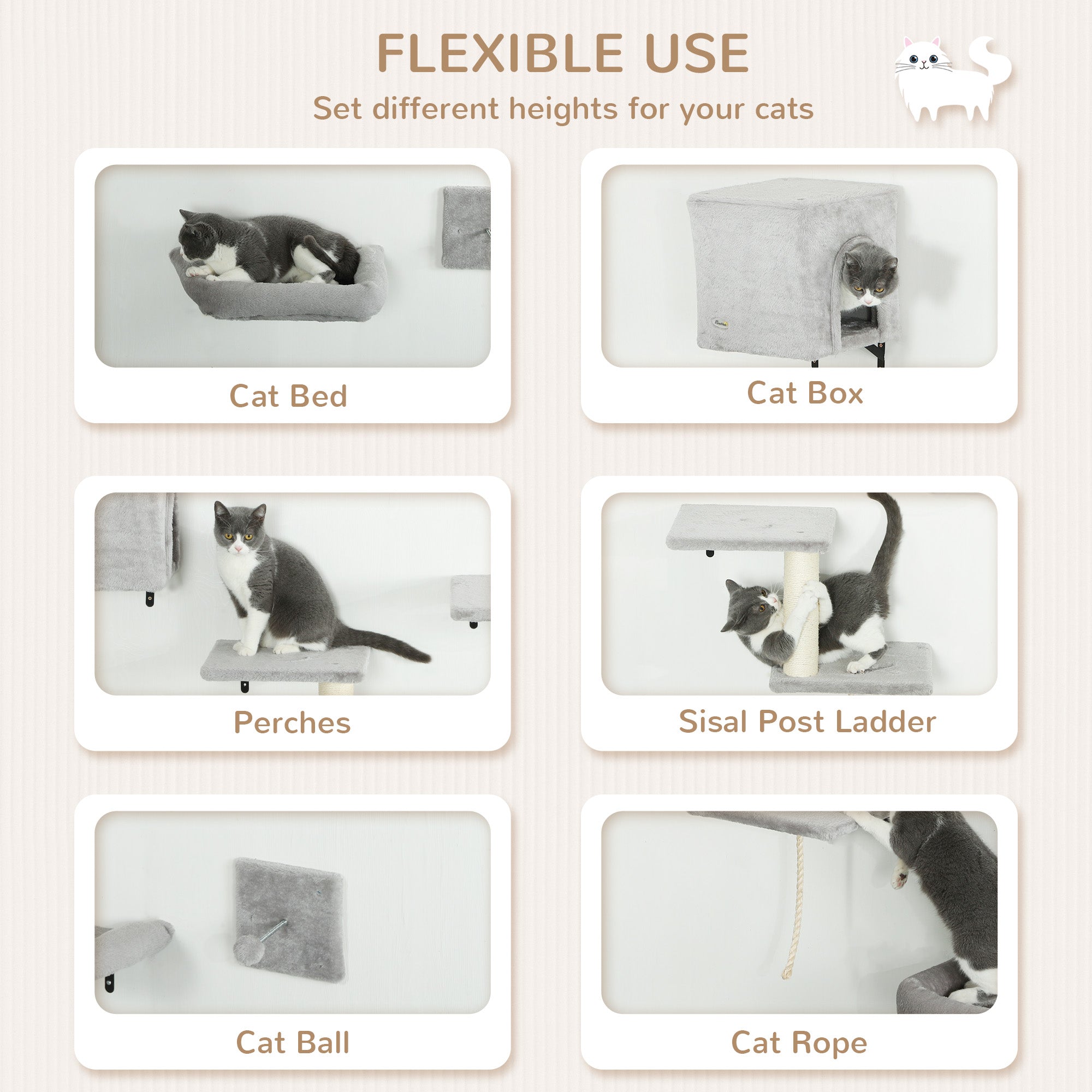 PawHut 6-Piece Cat Wall Shelves Set with Condo, Cat Wall Furniture with Platforms, Sisal Scratching Post, Bed, Toy Ball, Grey
