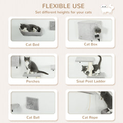 PawHut 6-Piece Cat Wall Shelves Set with Condo, Cat Wall Furniture with Platforms, Sisal Scratching Post, Bed, Toy Ball, Grey