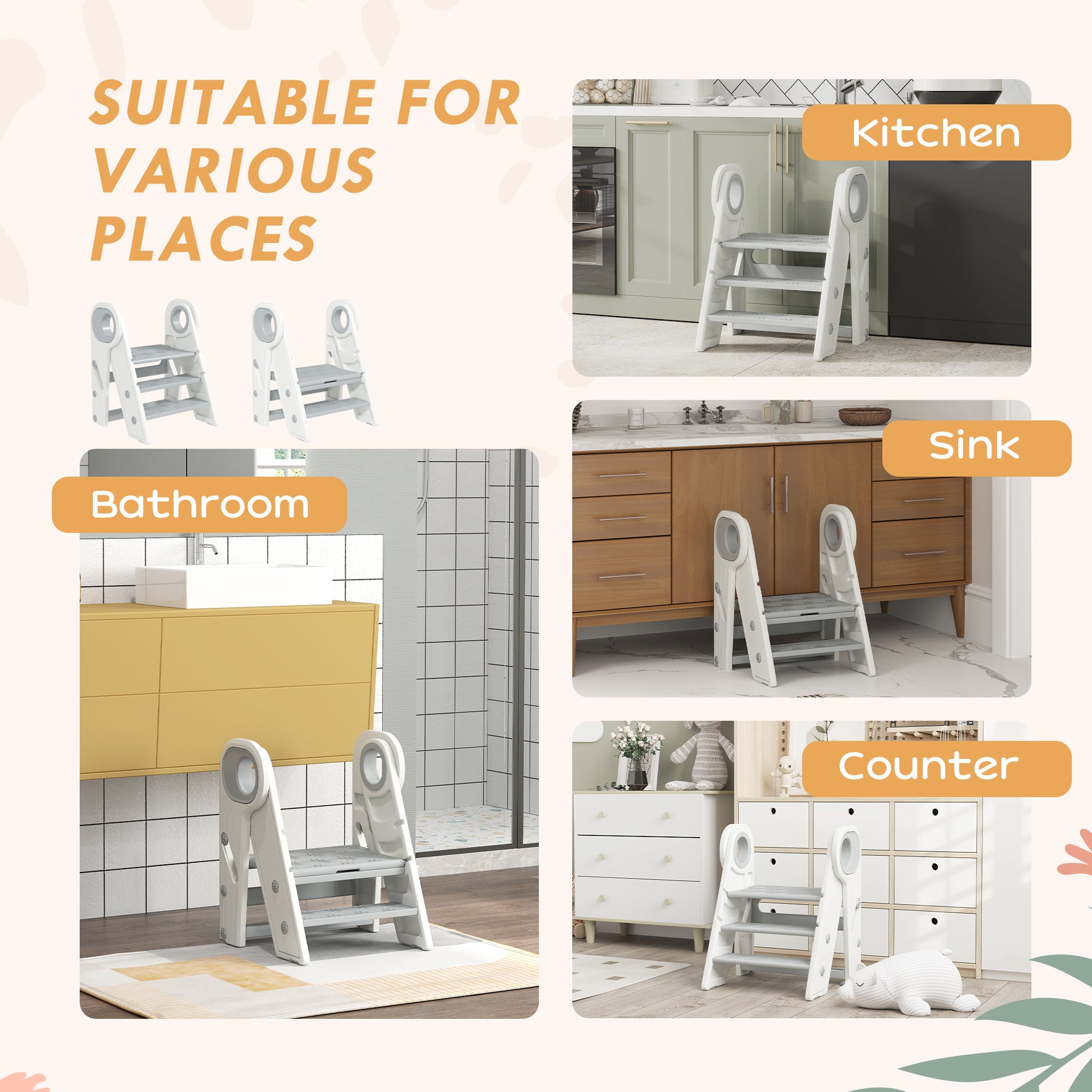 AIYAPLAY Foldable and Adjustable Kids Step Stool with Handle, Non-Slip, Grey