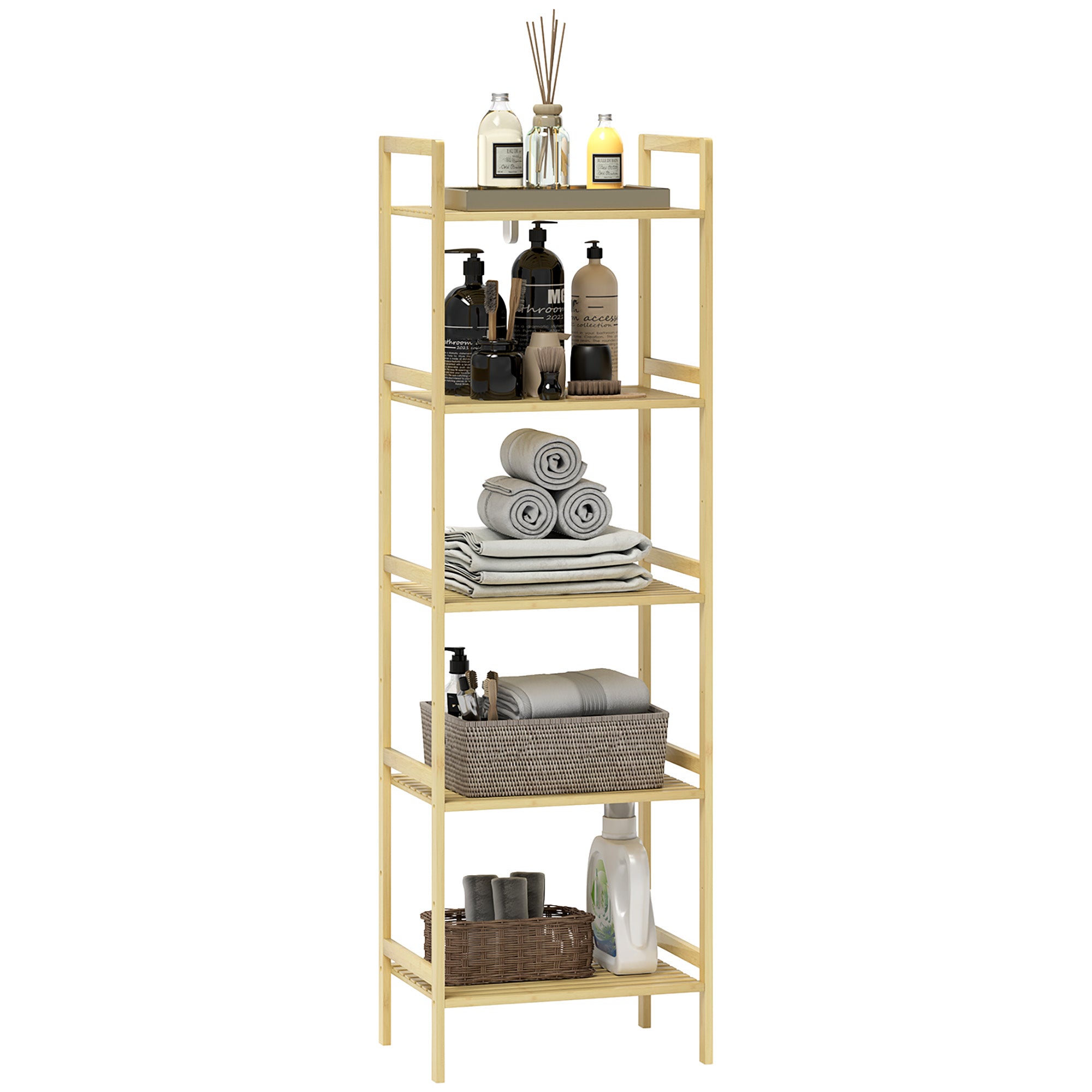 HOMCOM 5-Tier Bamboo Bathroom Storage Shelf, Freestanding Shelving Unit with Adjustable Rack for Kitchen Bathroom Living Room, Natural Wood Finish