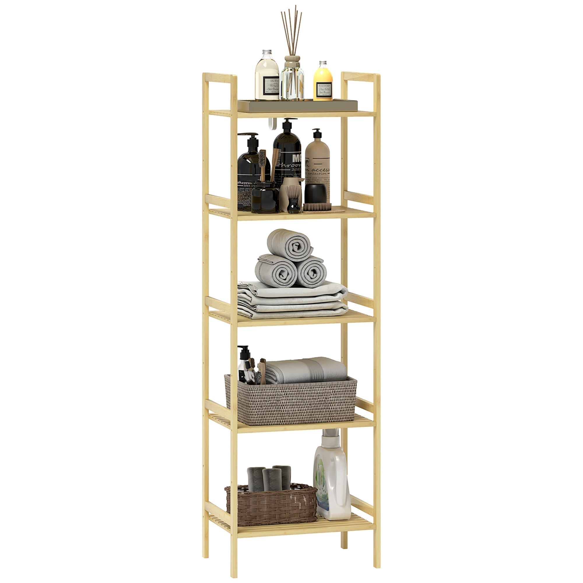 HOMCOM 5-Tier Bamboo Bathroom Storage Shelf, Freestanding Shelving Unit with Adjustable Rack for Kitchen Bathroom Living Room, Natural Wood Finish