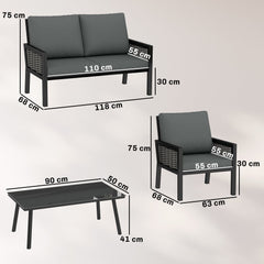 Outsunny 4 Seater Rattan Garden Furniture Set with 2 Armchairs, Loveseat, Coffee Table, Garden Sofa Set with Cushions, Dark Grey