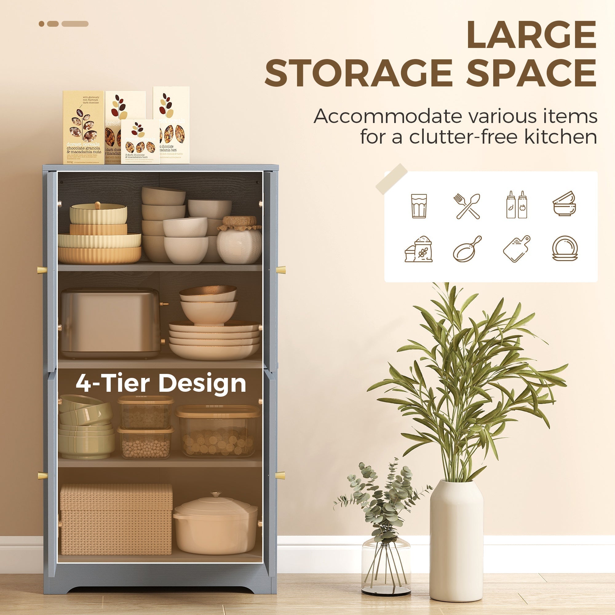 HOMCOM 4-Door Kitchen Storage Cabinet with Adjustable Shelves - Grey