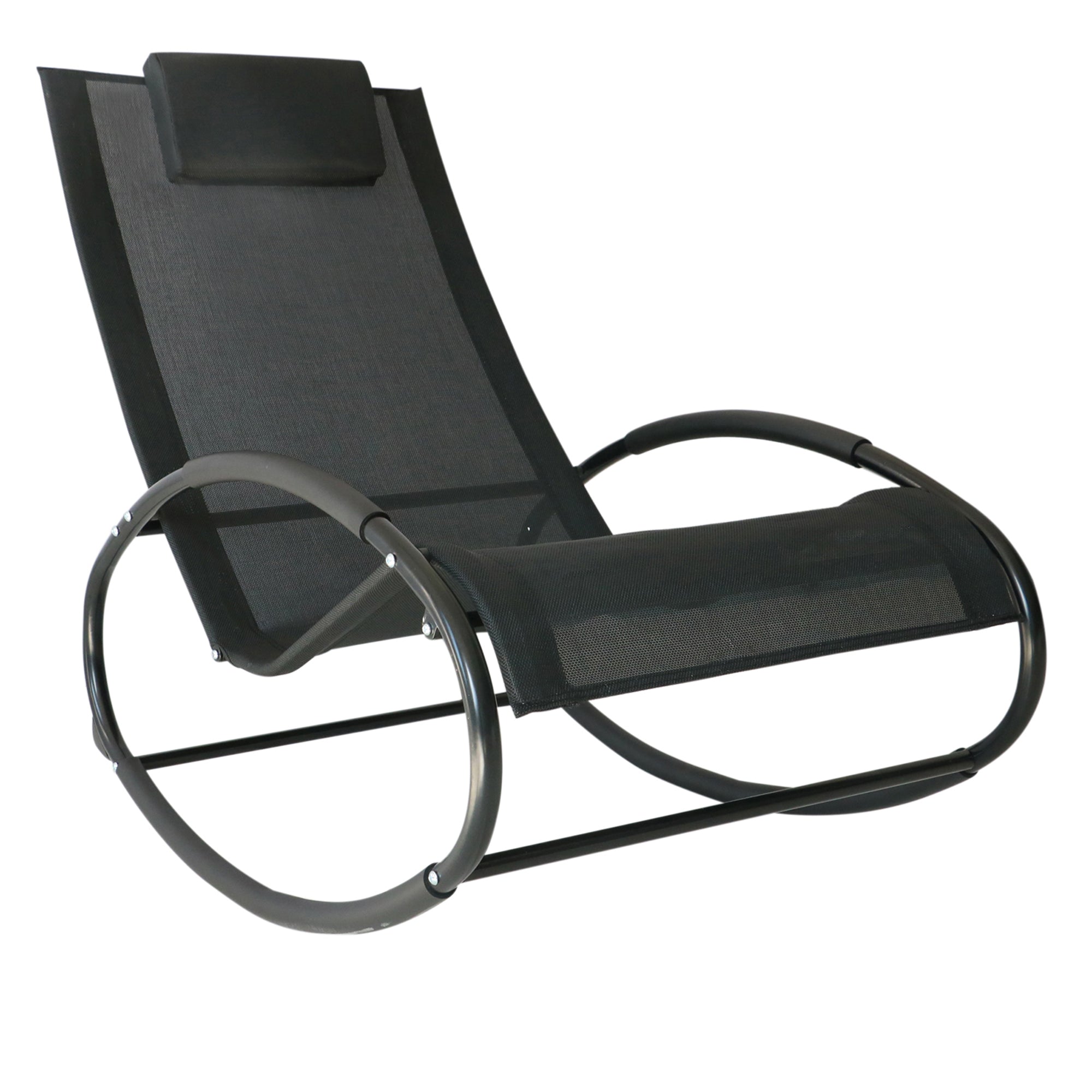 Outsunny Rocking Chair Sun Lounger Recliner Rocker Texteline Fabric Patio Garden Relaxer with Pillow, Black
