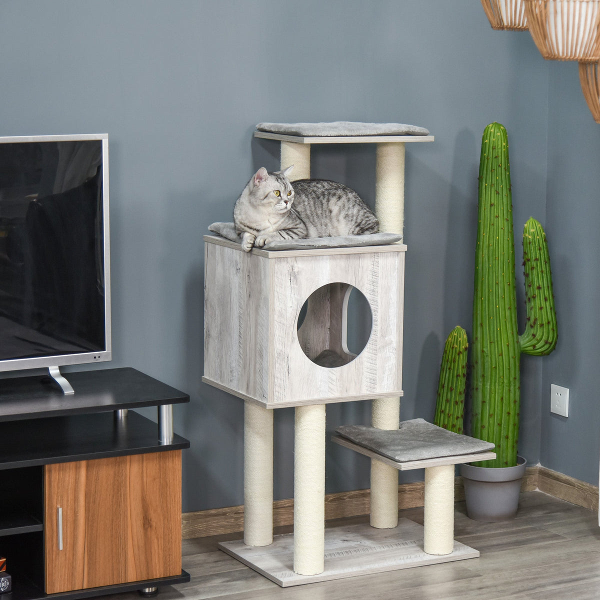 PawHut Cat Tree for Indoor Large Cats 113cm Kitten Tower Condo Jute Scratching Post Kitten Play House Activity Center Furniture