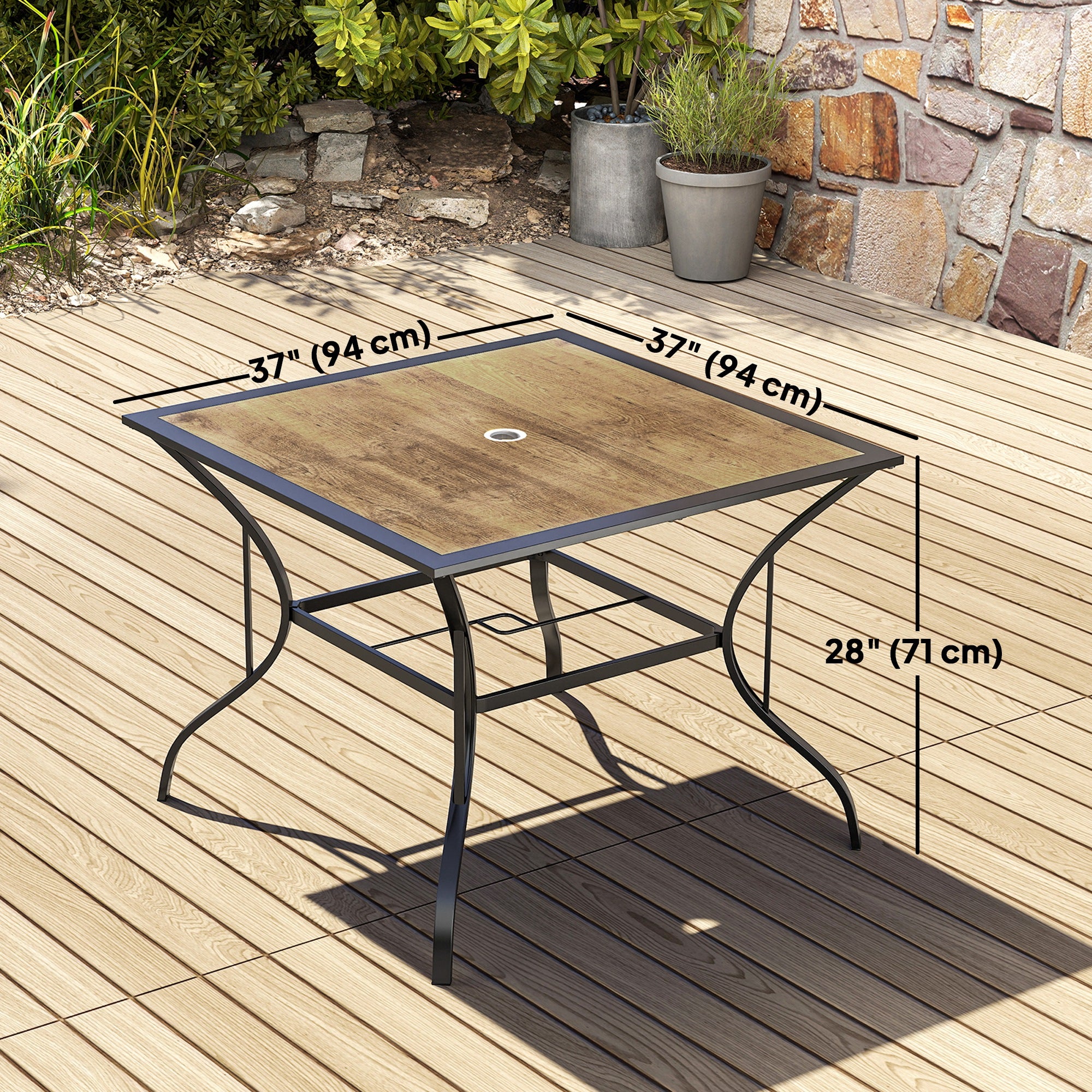 Outsunny Outdoor Garden Table Dining Table for 4 with Parasol Hole, Stone-Grain Effect PC Board Top for Patio, Garden, Brown