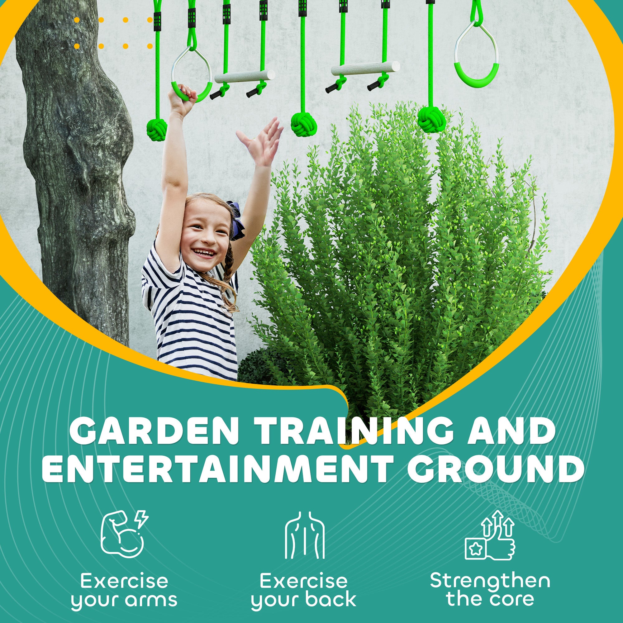 AIYAPLAY 7-Piece Kids Zip Line Kit for Garden, 10m Kids Slackline Kit with Wooden Monkey Bars, Metal Rings, Gripping Balls, Green