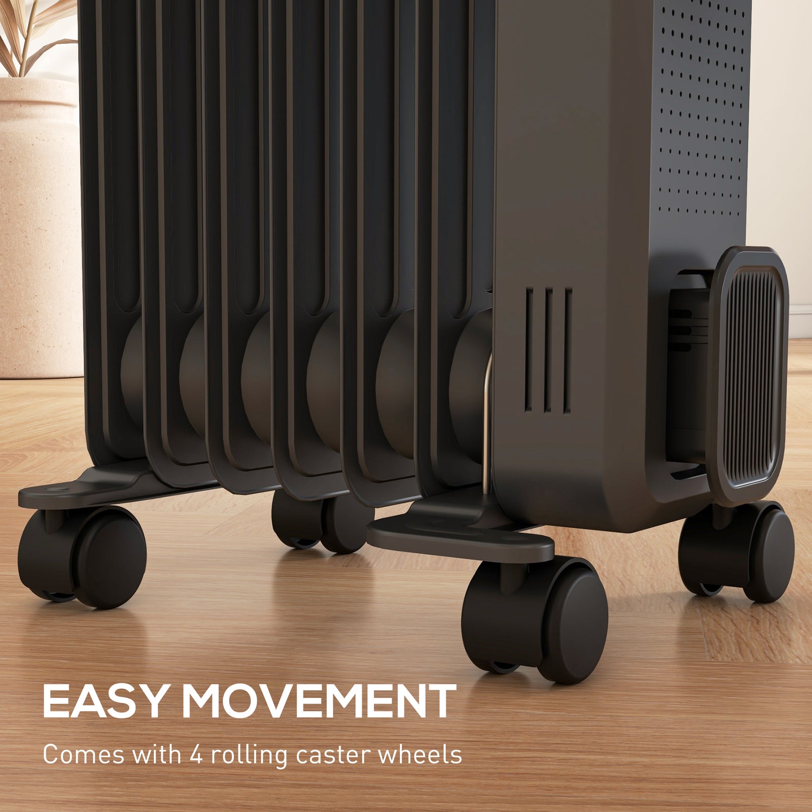 HOMCOM 1500W Oil Filled Radiator, Portable Electric Heater with 3 Heat Settings, Safety Cut-Off and Wheels, Grey