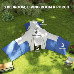 Outsunny 6-9 Man Tent with Bedrooms and Living Room, Accessories Included, Blue