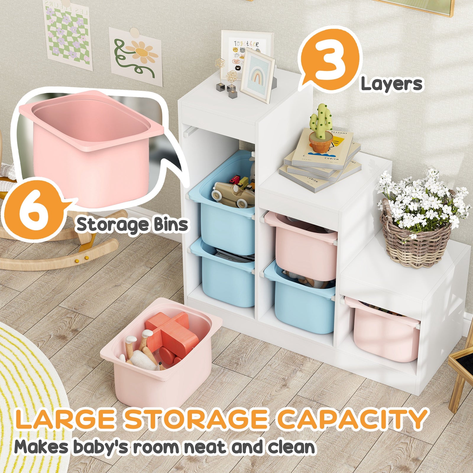 AIYAPLAY Toy Storage Organiser, Three-Layer Kids Toy Storage Units, with Removable Bins, for Ages 3-8 Years, Multi-colour