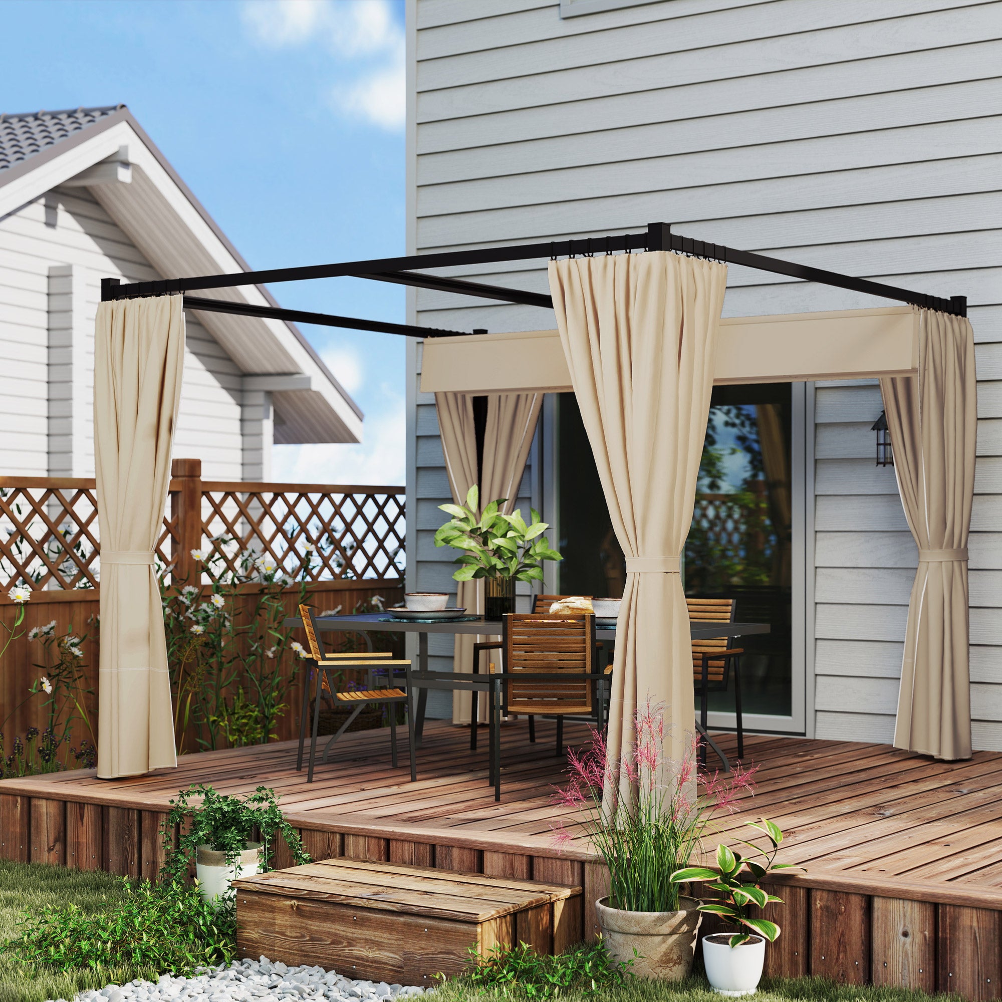 Outsunny 3 x 3(m) Retractable Pergola, Garden Gazebo Shelter with Curtains, for Grill, Patio, Deck, Beige