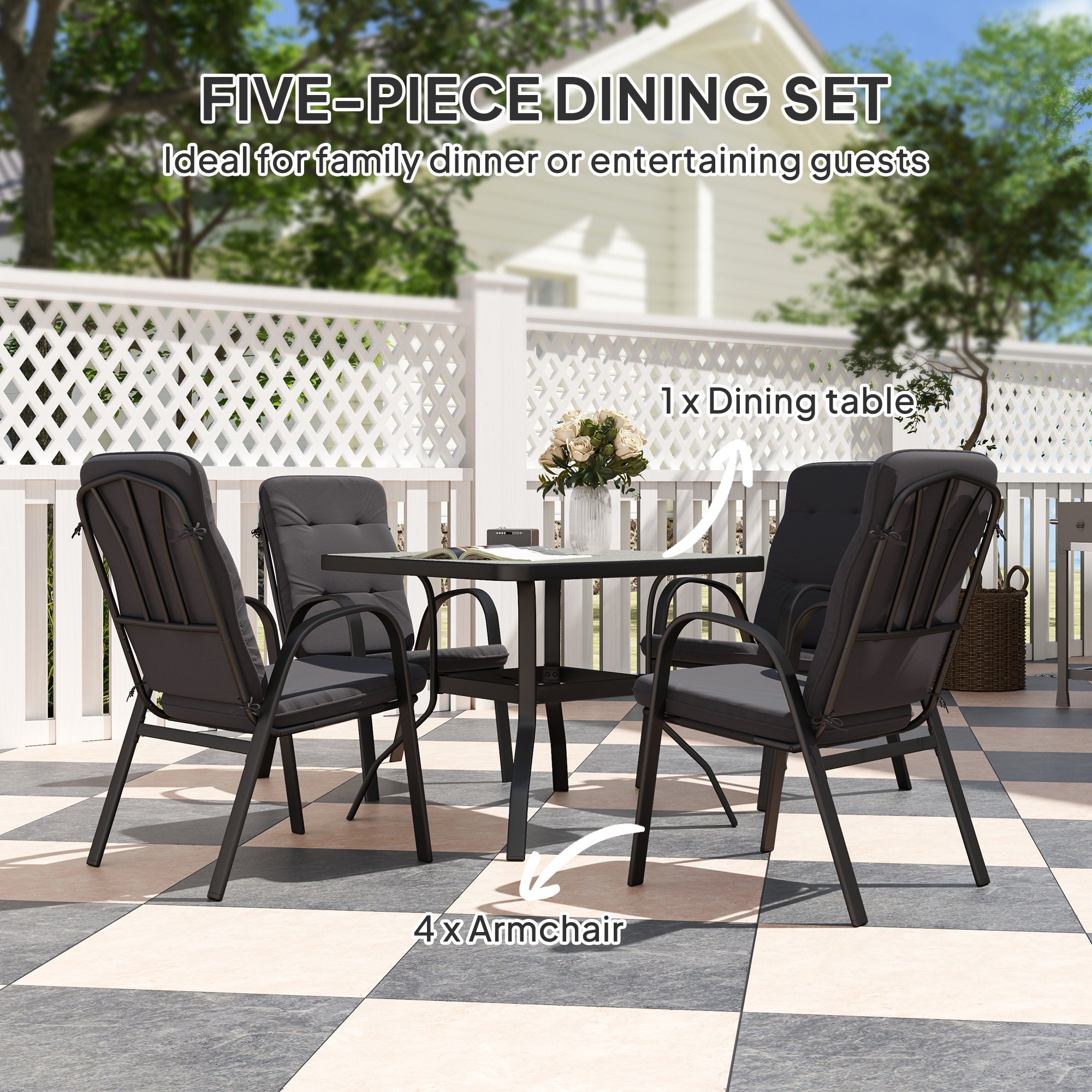 Outsunny 5 Pieces Outdoor Square Garden Dining Set w/ Tempered Glass Dining Table 4 Cushioned Armchairs, Umbrella Hole, Black