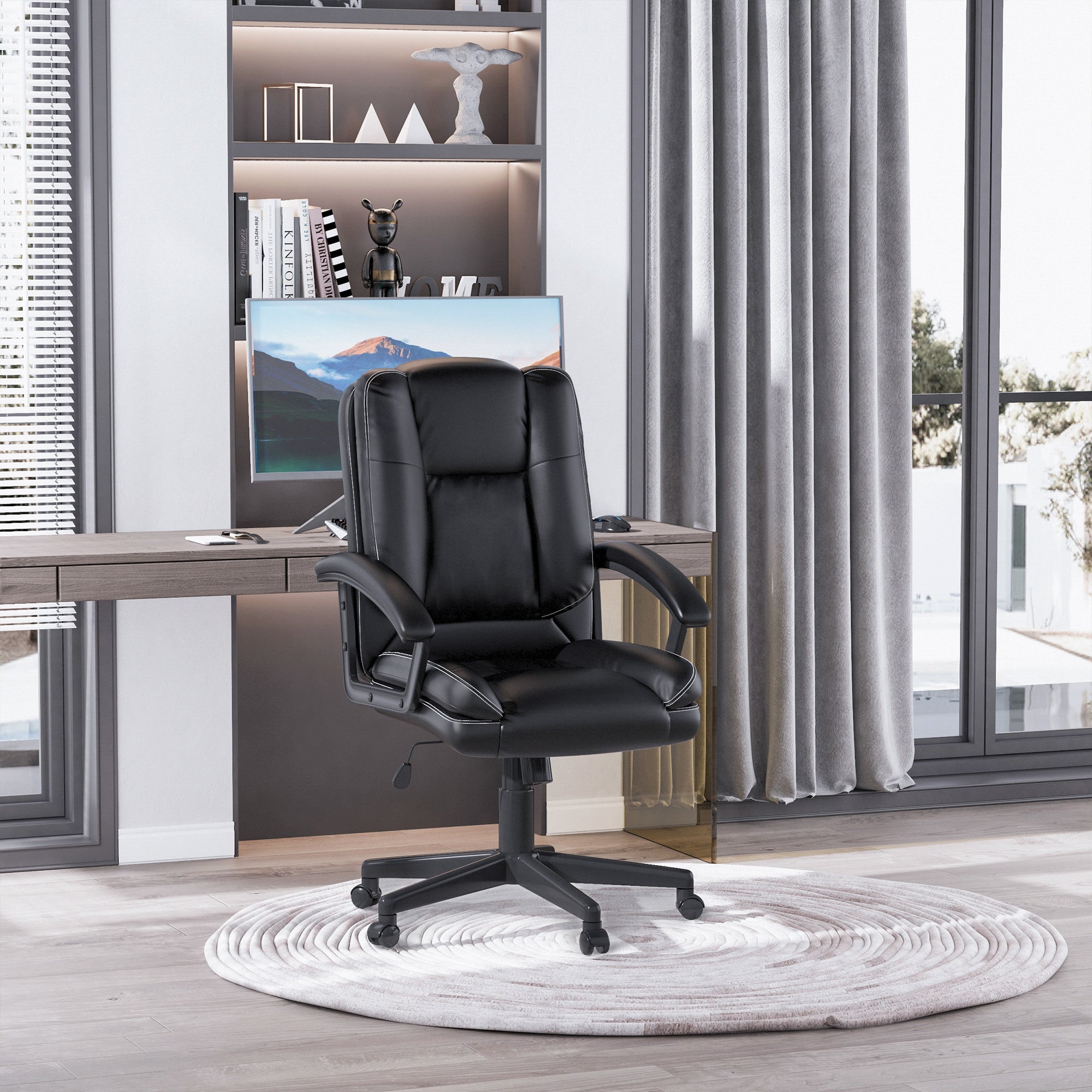 HOMCOM Office Chair, Computer Desk Chair, PU Leather Mid Back Executive Chair with Adjustable Height and Swivel Rolling Wheels for Home Study, Black