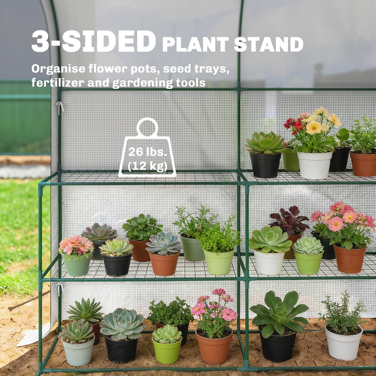 Outsunny Walk-in Greenhouse with Shelves, Small Greenhouse with PE Cover and Roll-up Door, 123 x 187 x 189 cm, White
