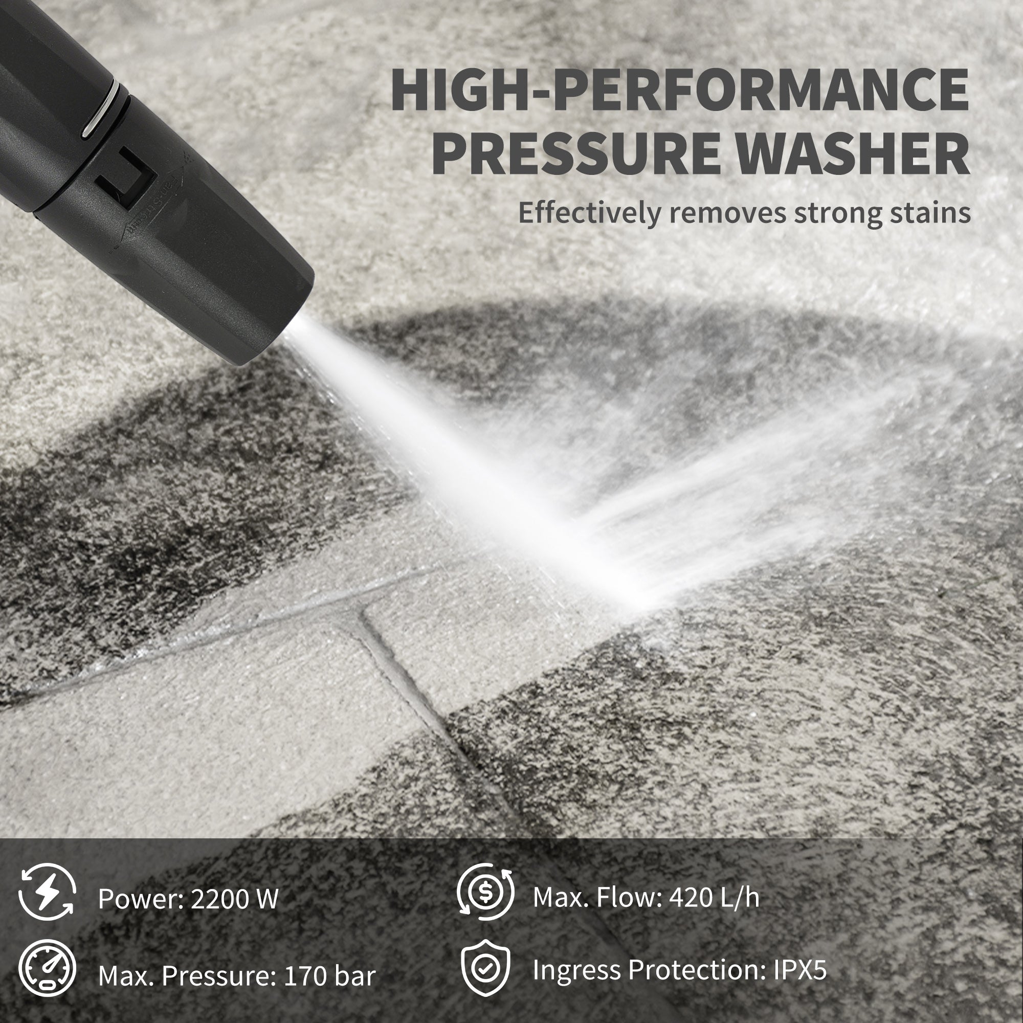 Outsunny 2200W HighÂ PressureÂ Washer, 170 Bar Pressure Washer with Adjustable Nozzle and 6M Hose, 32W x 32D x 80H cm Blue